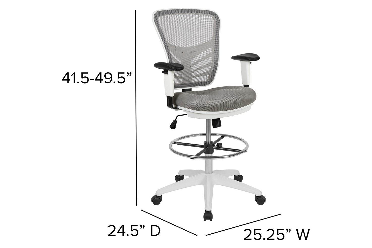 BLNK Tyler Mid-Back Mesh Ergonomic Drafting Chair with Adjustable Chrome Foot Ring, Adjustable Arms and White Frame - Light Gray