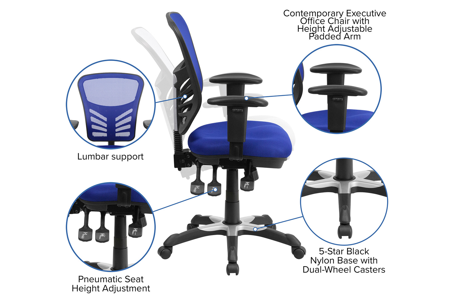 BLNK Nicholas Mid-Back Mesh Multifunction Executive Swivel Ergonomic Office Chair with Adjustable Arms - Blue