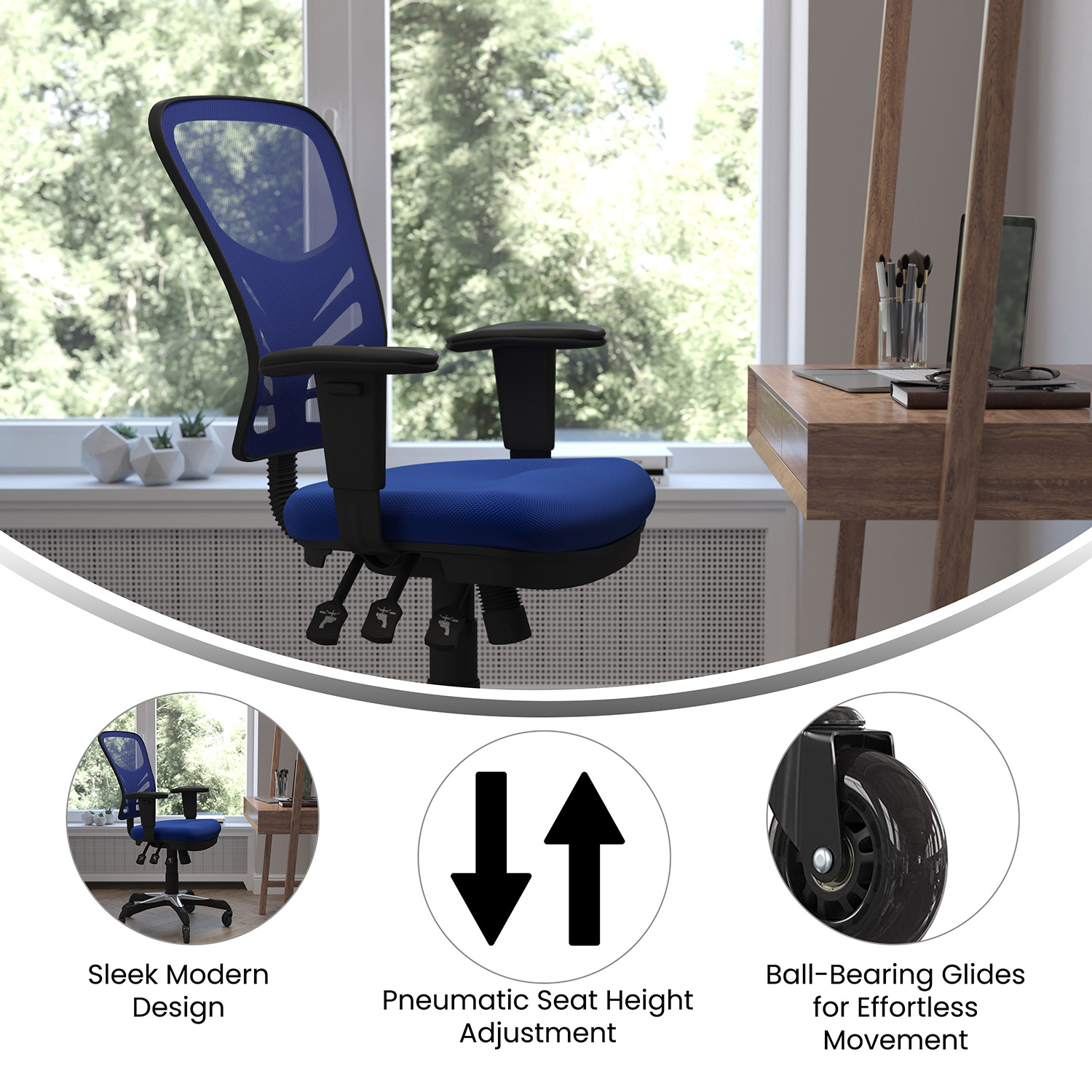 BLNK Nicholas Mid-Back Mesh Multifunction Executive Swivel Ergonomic Office Chair with Adjustable Arms and Transparent Roller Wheels - Blue