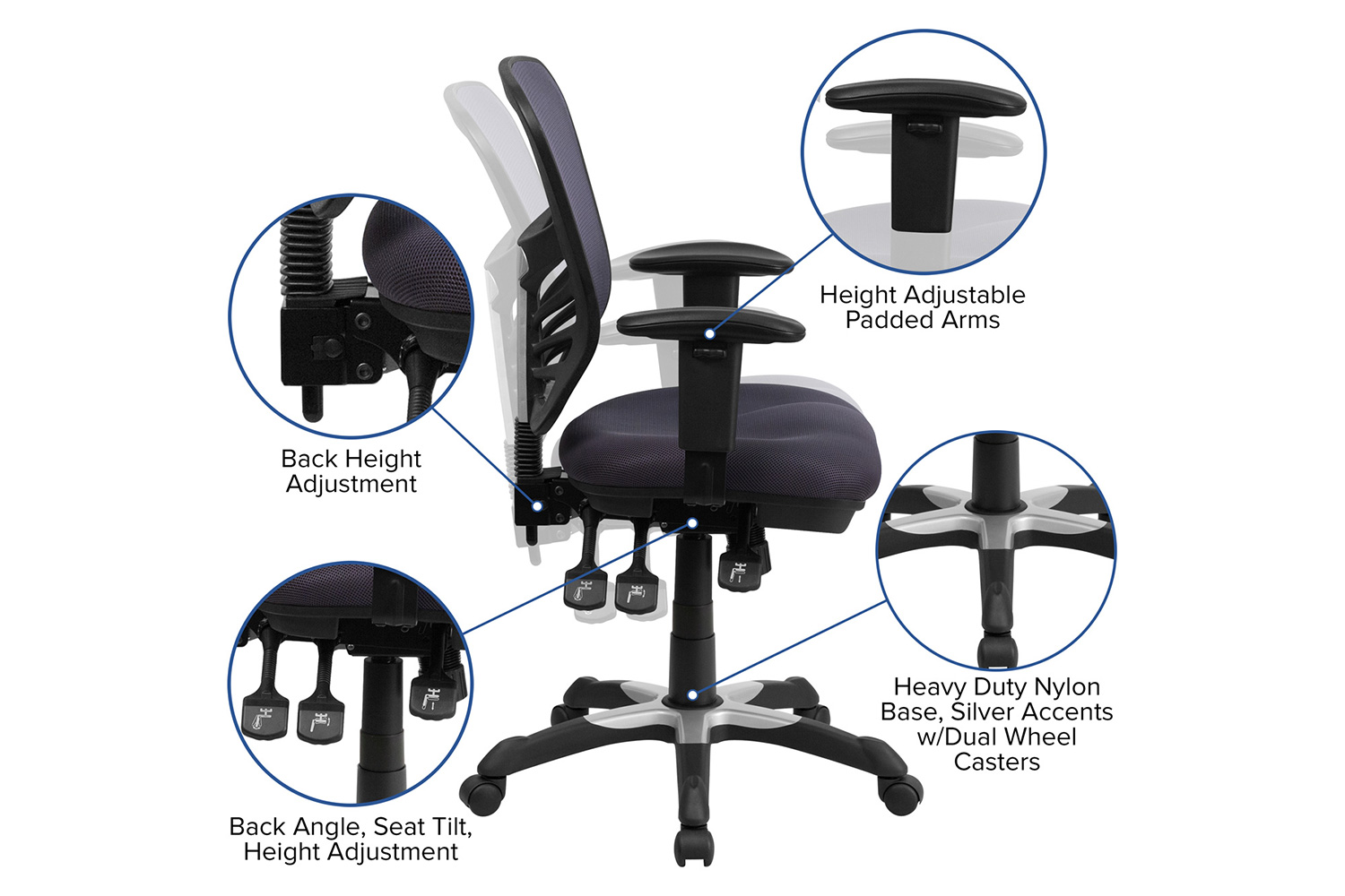 BLNK Nicholas Mid-Back Mesh Multifunction Executive Swivel Ergonomic Office Chair with Adjustable Arms - Dark Gray