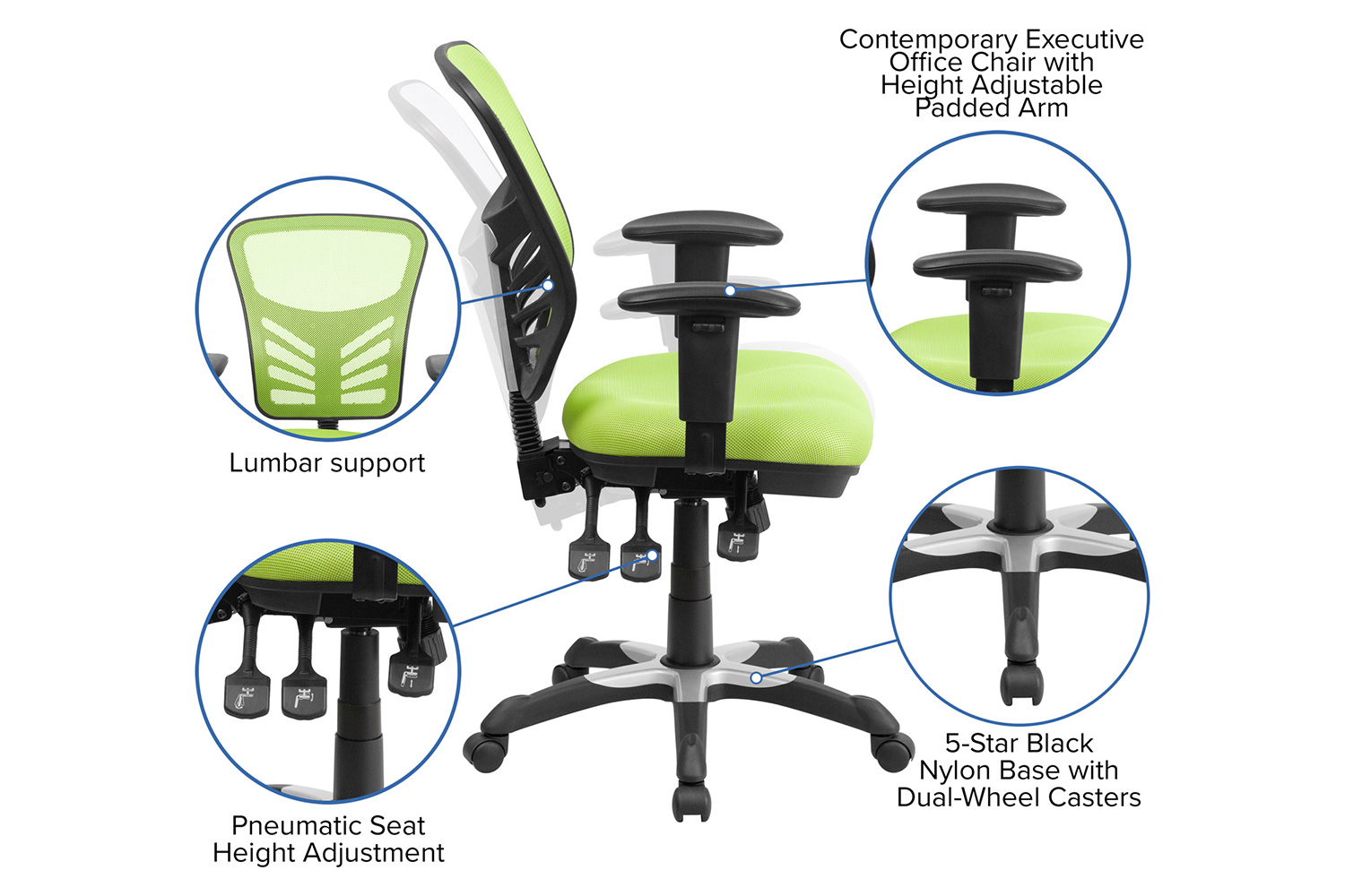 BLNK Nicholas Mid-Back Mesh Multifunction Executive Swivel Ergonomic Office Chair with Adjustable Arms - Green