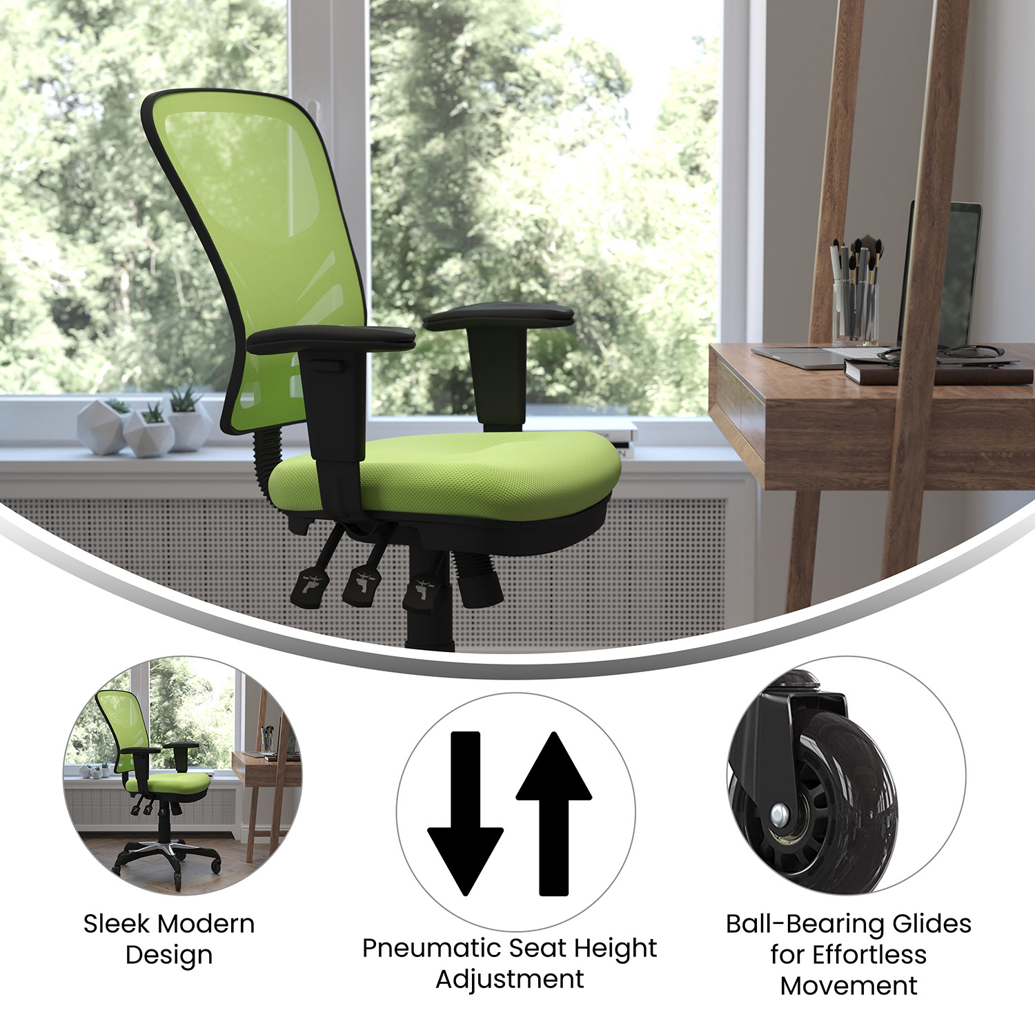 BLNK Nicholas Mid-Back Mesh Multifunction Executive Swivel Ergonomic Office Chair with Adjustable Arms and Transparent Roller Wheels - Green