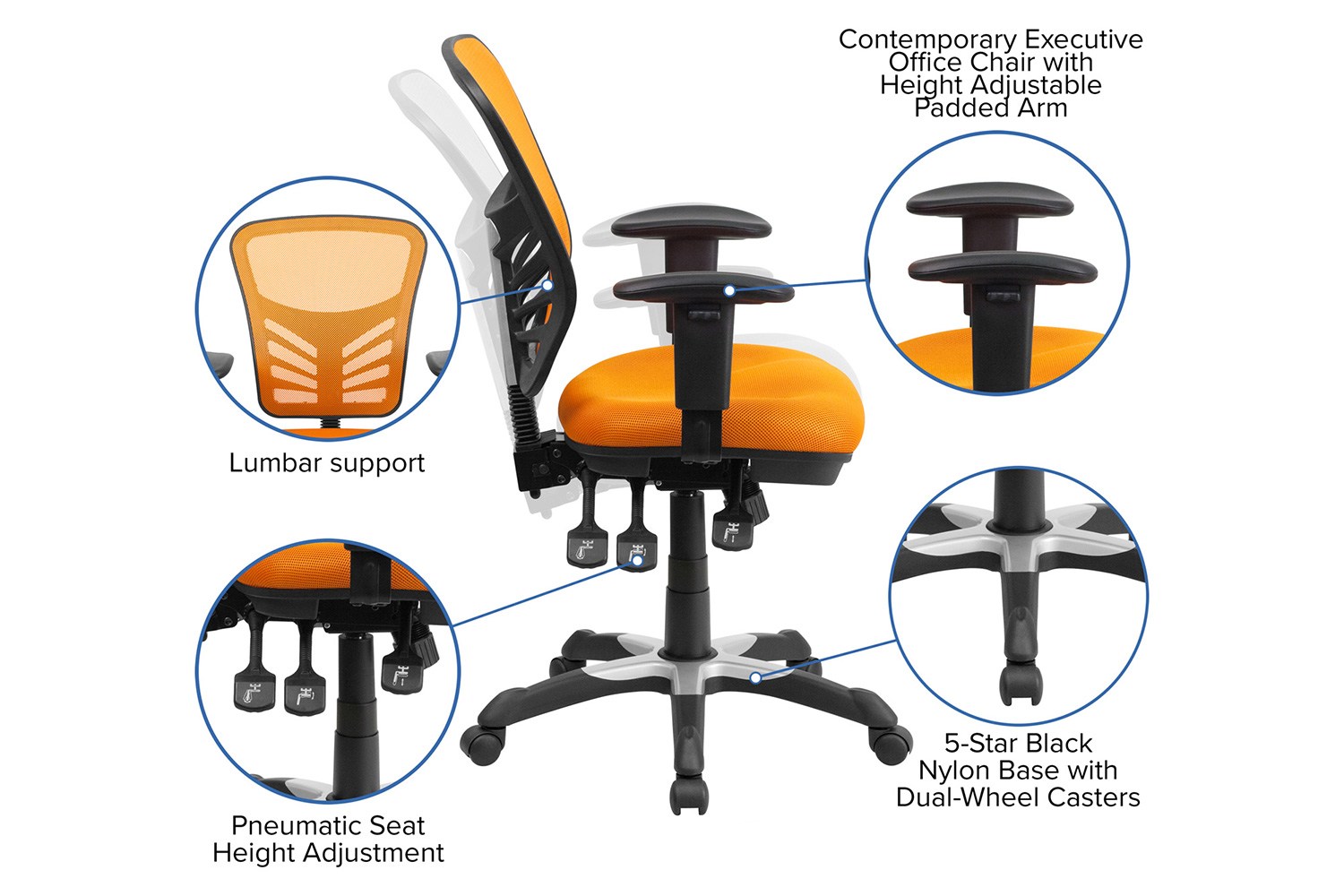 BLNK Nicholas Mid-Back Mesh Multifunction Executive Swivel Ergonomic Office Chair with Adjustable Arms - Orange