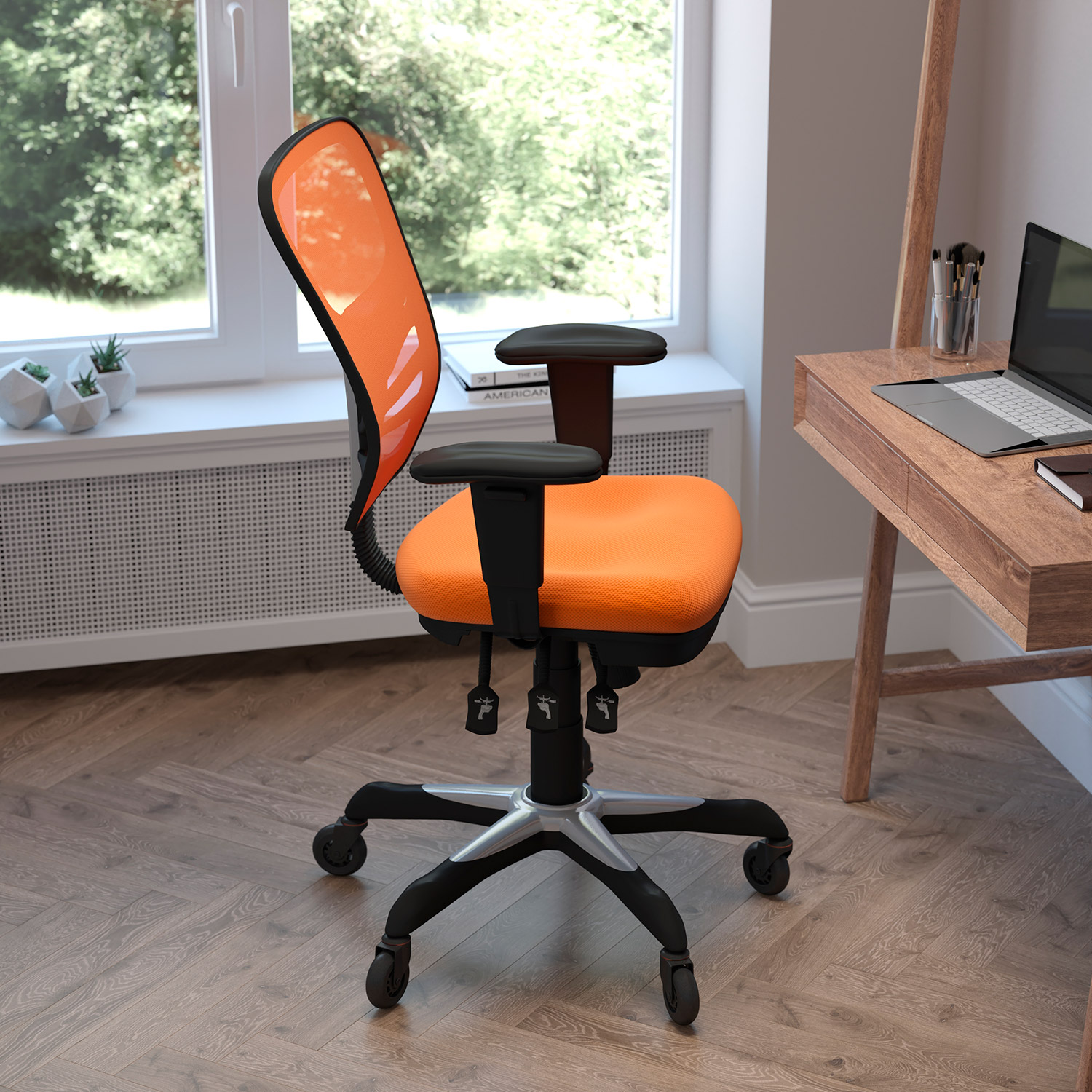 BLNK Nicholas Mid-Back Mesh Multifunction Executive Swivel Ergonomic Office Chair with Adjustable Arms and Transparent Roller Wheels - Orange