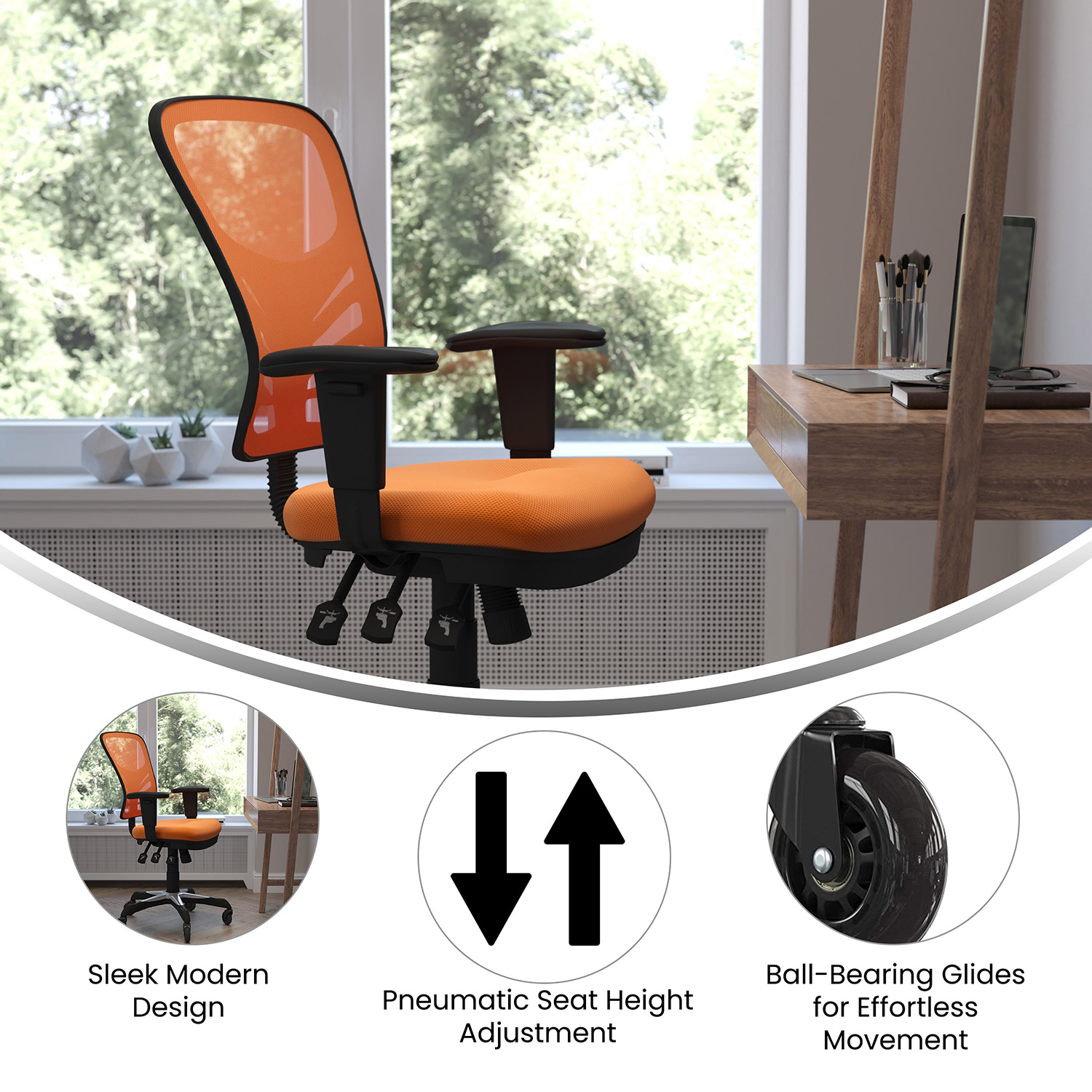 BLNK Nicholas Mid-Back Mesh Multifunction Executive Swivel Ergonomic Office Chair with Adjustable Arms and Transparent Roller Wheels - Orange