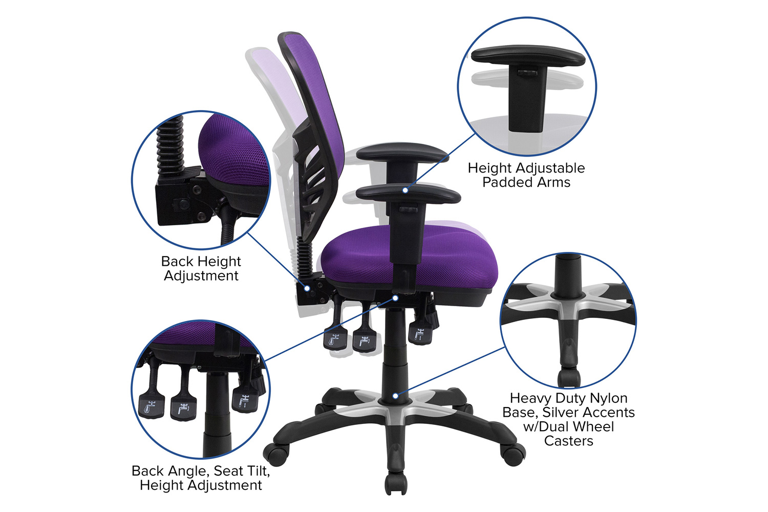 BLNK Nicholas Mid-Back Mesh Multifunction Executive Swivel Ergonomic Office Chair with Adjustable Arms - Purple