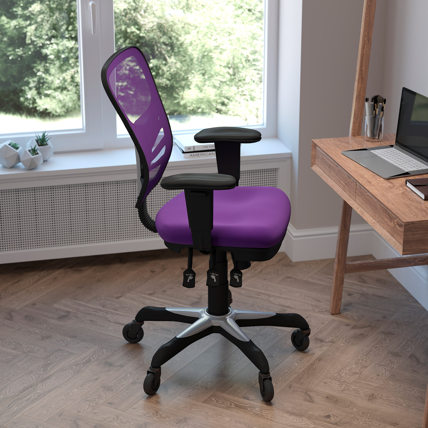 BLNK Nicholas Mid-Back Mesh Multifunction Executive Swivel Ergonomic Office Chair with Adjustable Arms and Transparent Roller Wheels - Purple