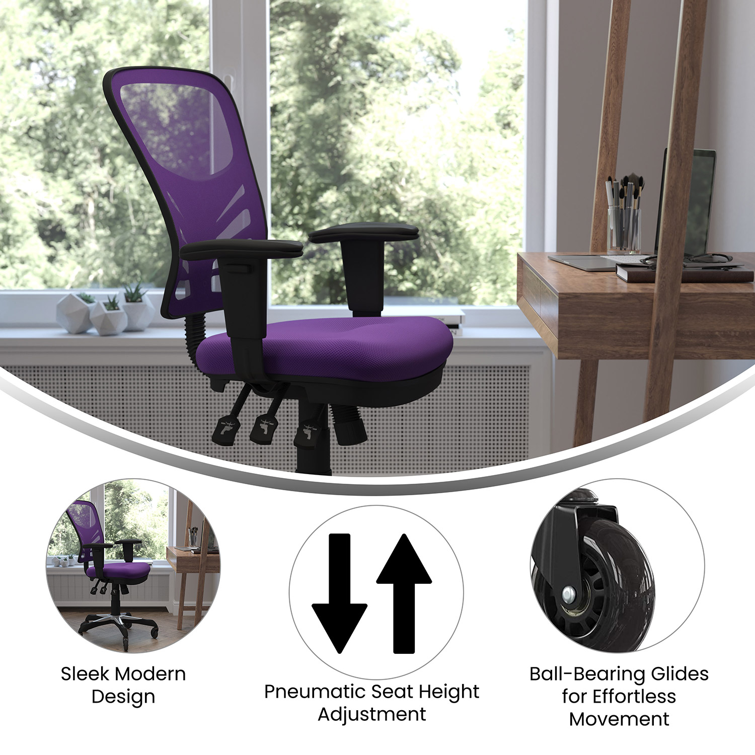 BLNK Nicholas Mid-Back Mesh Multifunction Executive Swivel Ergonomic Office Chair with Adjustable Arms and Transparent Roller Wheels - Purple