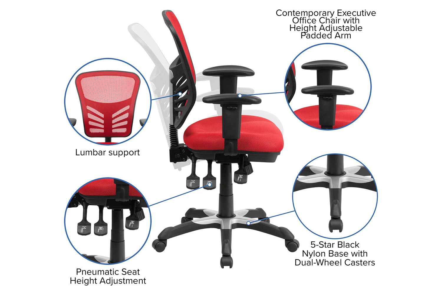 BLNK Nicholas Mid-Back Mesh Multifunction Executive Swivel Ergonomic Office Chair with Adjustable Arms - Red