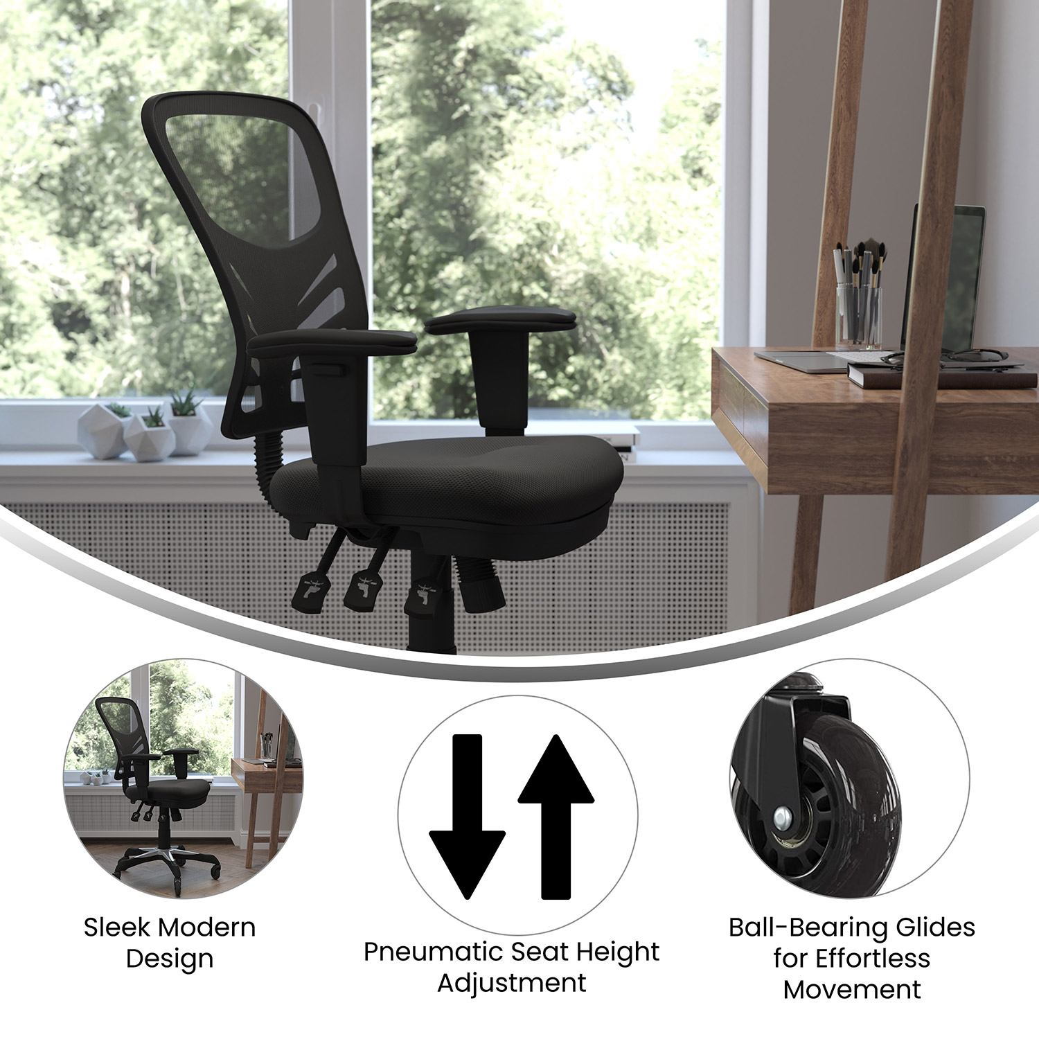 BLNK Nicholas Mid-Back Mesh Multifunction Executive Swivel Ergonomic Office Chair with Adjustable Arms and Transparent Roller Wheels - Black