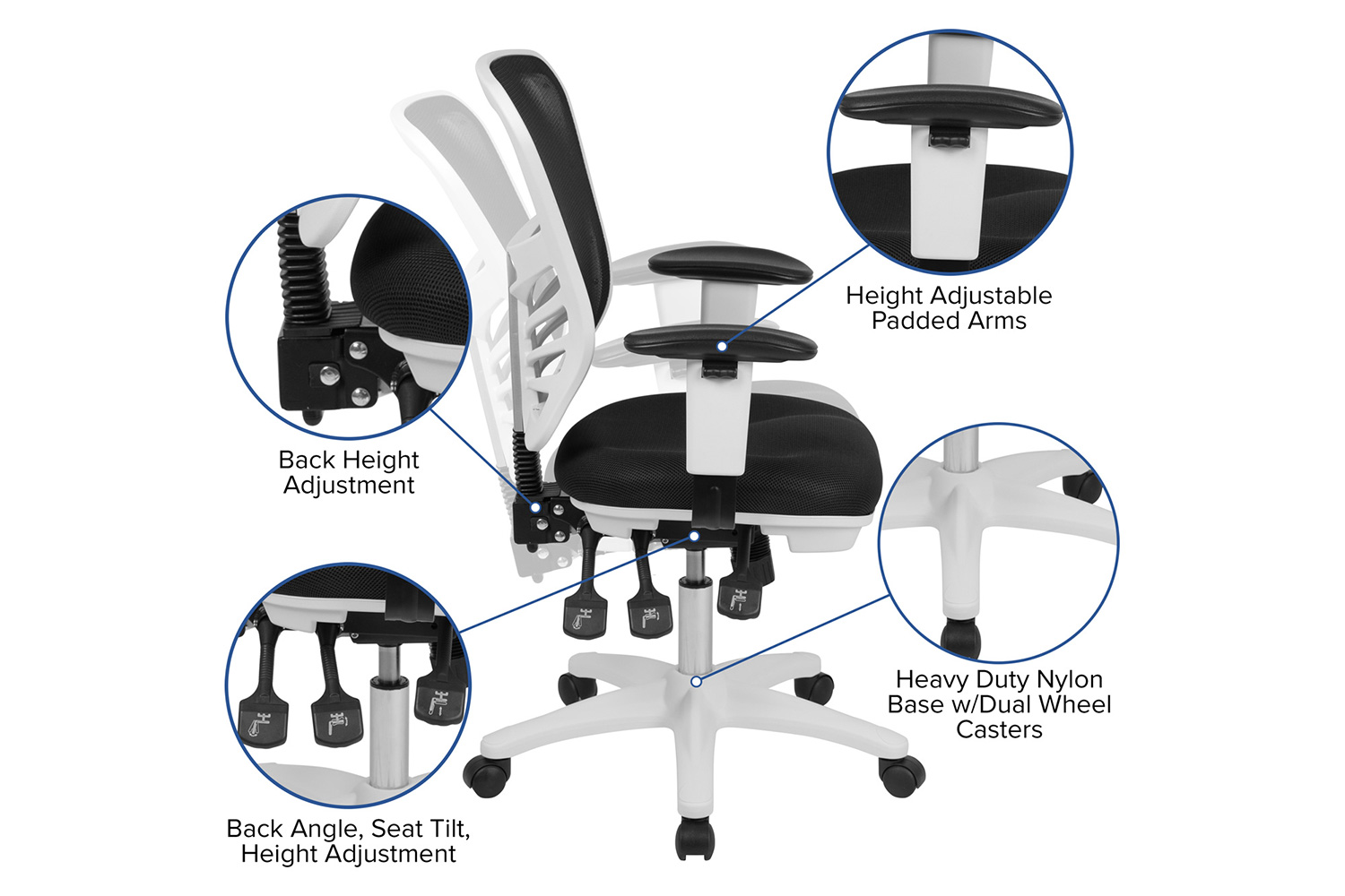 BLNK Nicholas Mid-Back Mesh Multifunction Executive Swivel Ergonomic Office Chair with Adjustable Arms and White Frame - Black