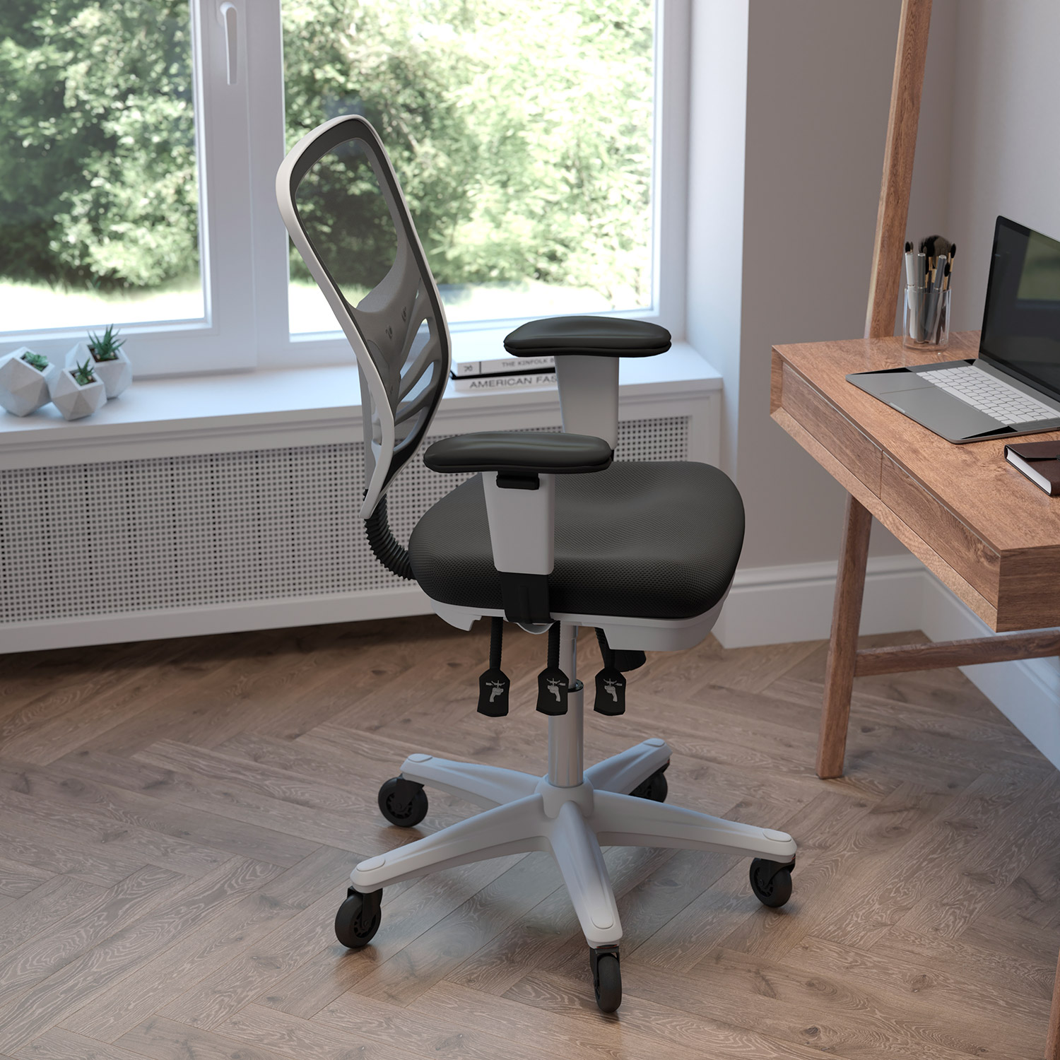 BLNK Nicholas Mid-Back Mesh Multifunction Executive Swivel Ergonomic Office Chair with Adjustable Arms, Transparent Roller Wheels, and White Frame