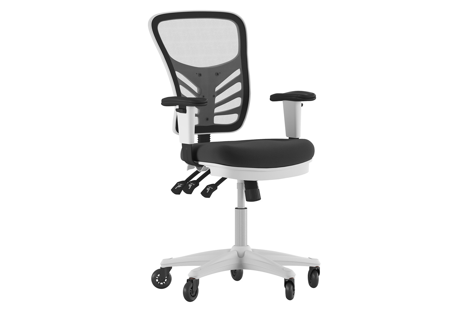 BLNK Nicholas Mid-Back Mesh Multifunction Executive Swivel Ergonomic Office Chair with Adjustable Arms, Transparent Roller Wheels, and White Frame - Black