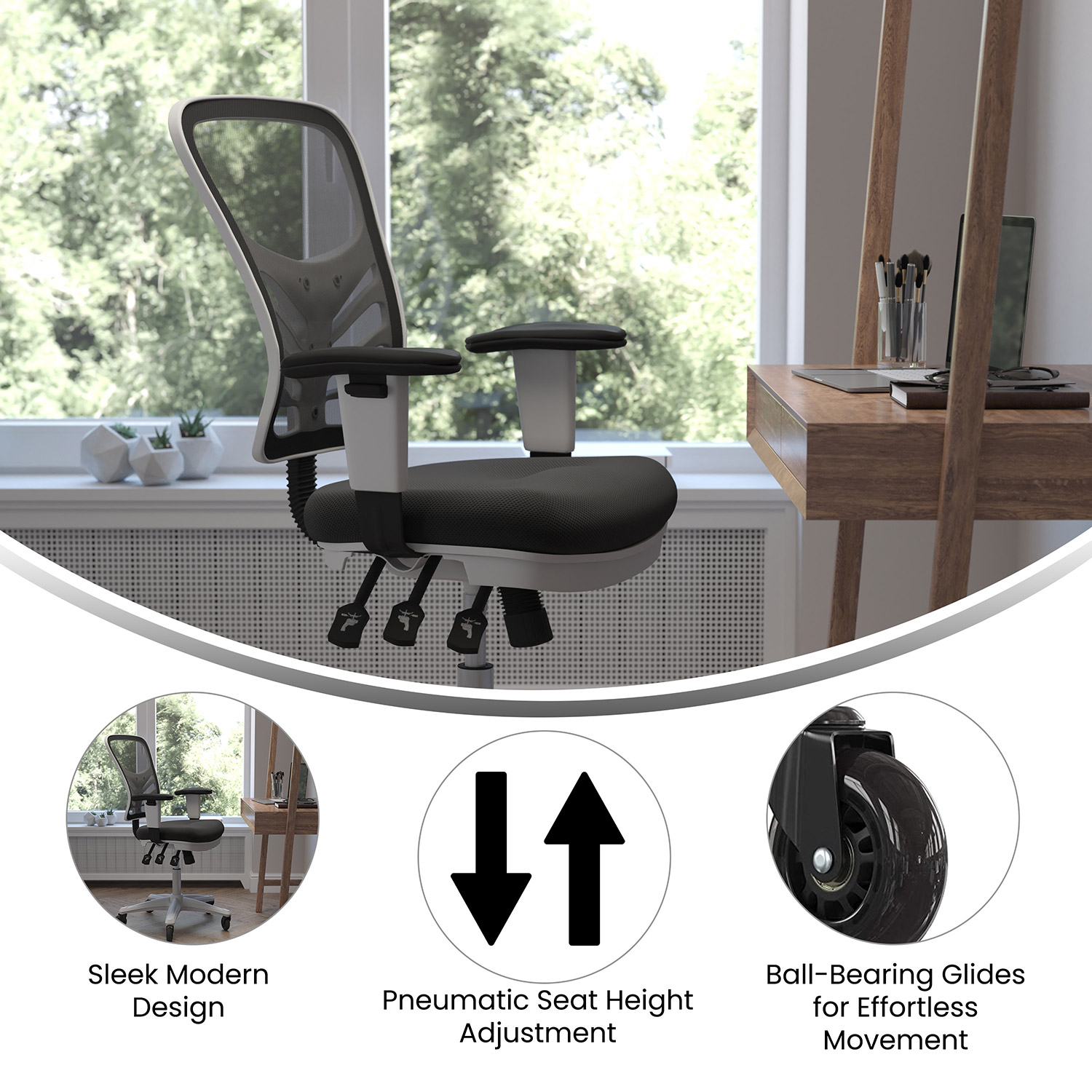 BLNK Nicholas Mid-Back Mesh Multifunction Executive Swivel Ergonomic Office Chair with Adjustable Arms, Transparent Roller Wheels, and White Frame - Black