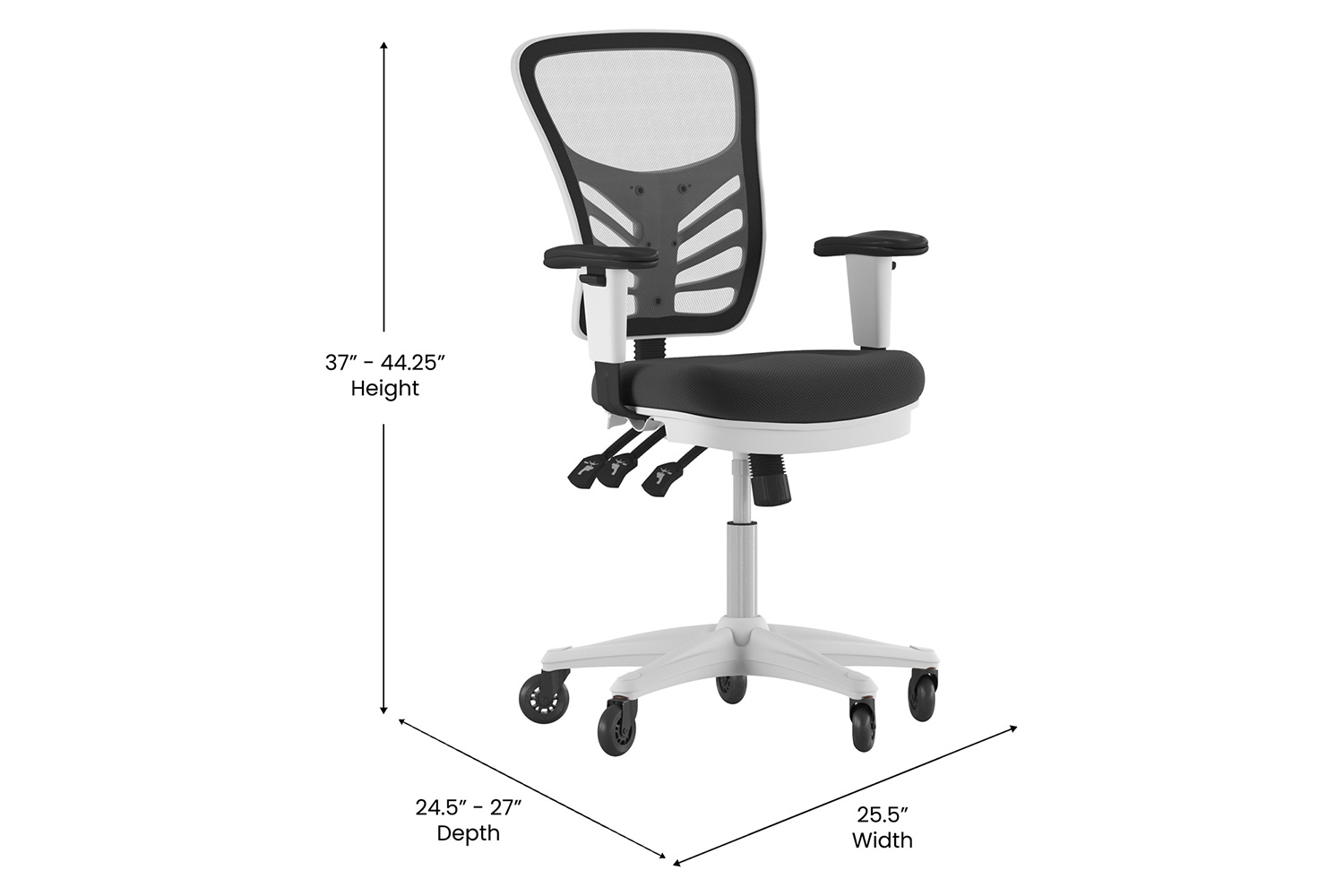 BLNK Nicholas Mid-Back Mesh Multifunction Executive Swivel Ergonomic Office Chair with Adjustable Arms, Transparent Roller Wheels, and White Frame - Black