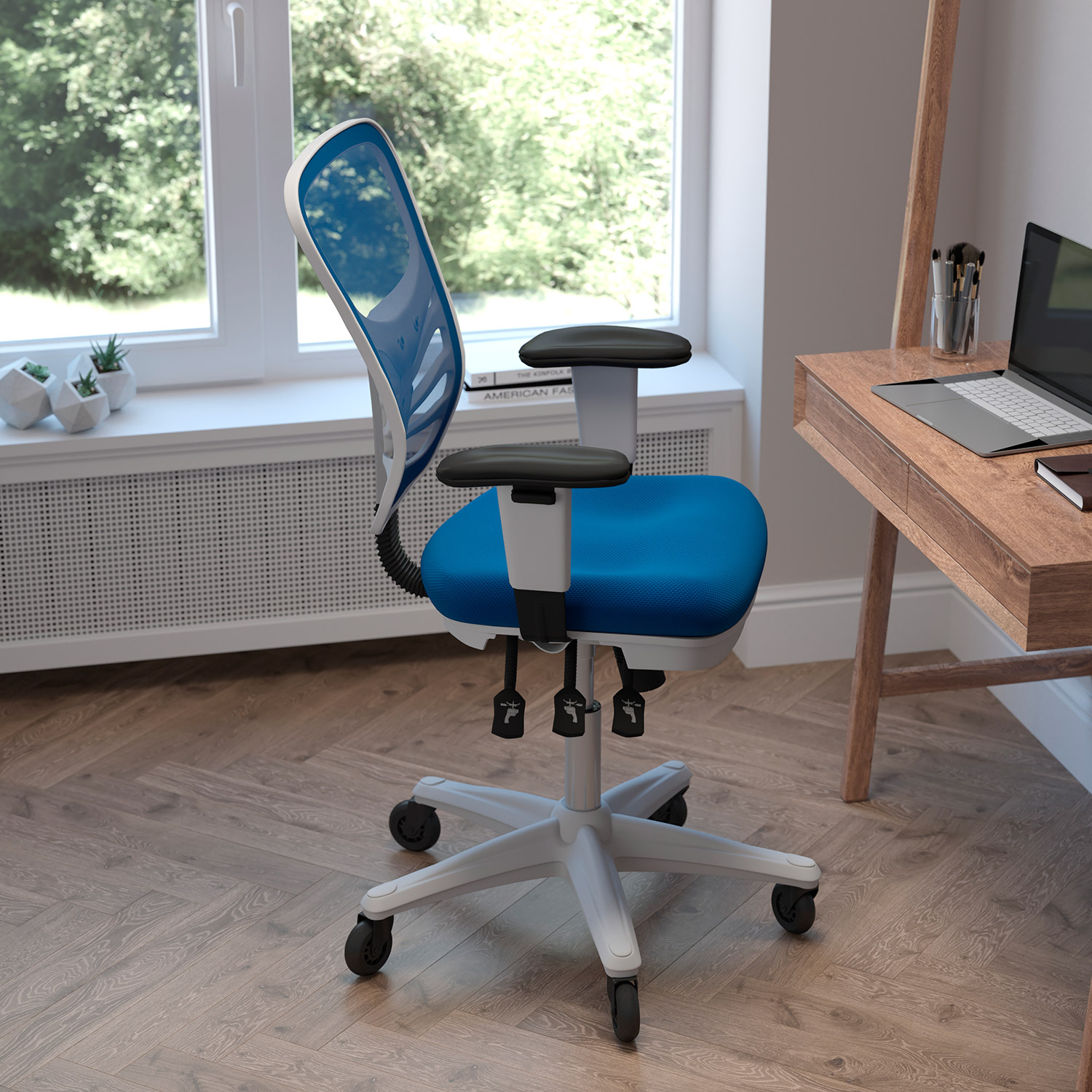 BLNK Nicholas Mid-Back Mesh Multifunction Executive Swivel Ergonomic Office Chair with Adjustable Arms, Transparent Roller Wheels, and White Frame - Blue