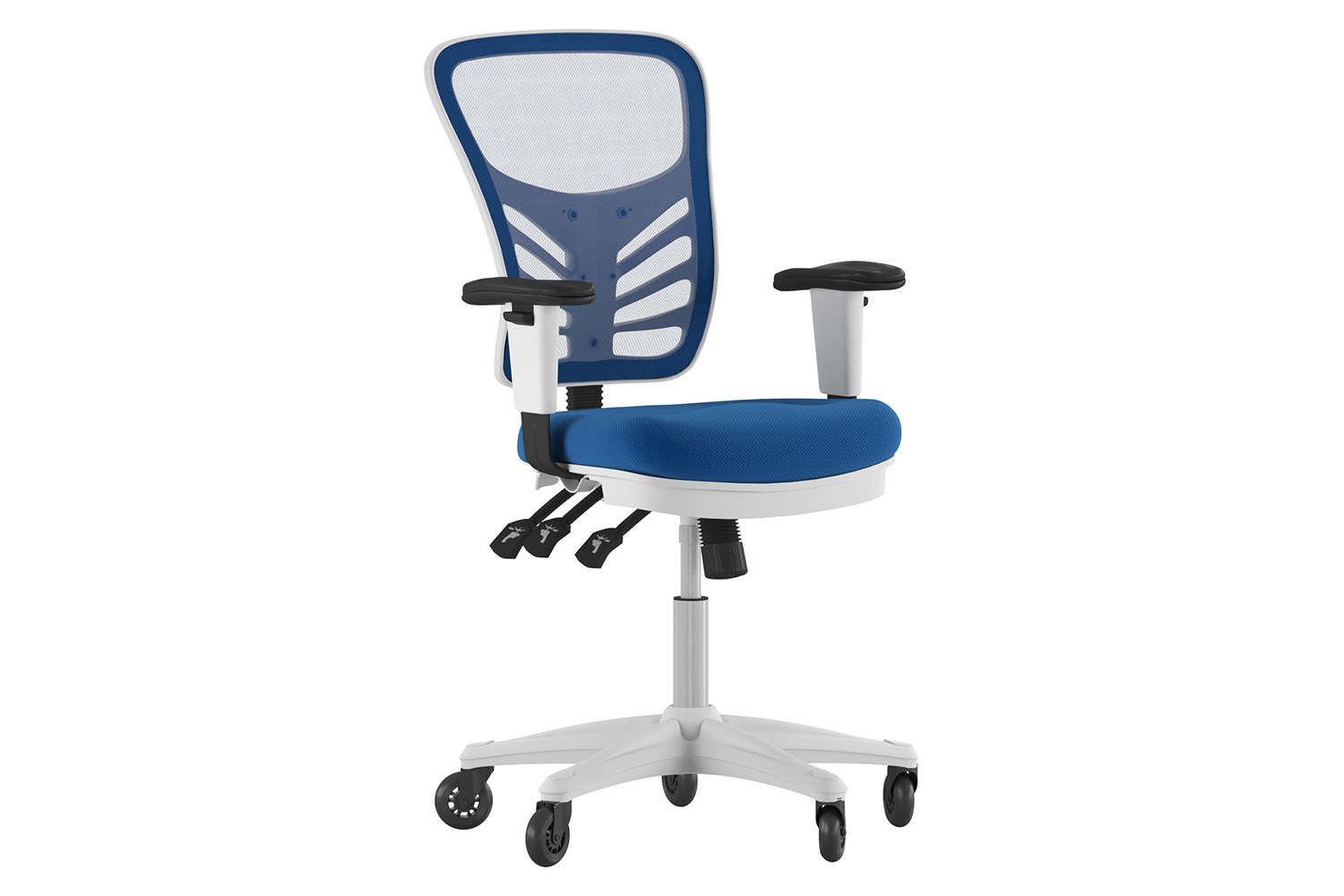 BLNK Nicholas Mid-Back Mesh Multifunction Executive Swivel Ergonomic Office Chair with Adjustable Arms, Transparent Roller Wheels, and White Frame - Blue