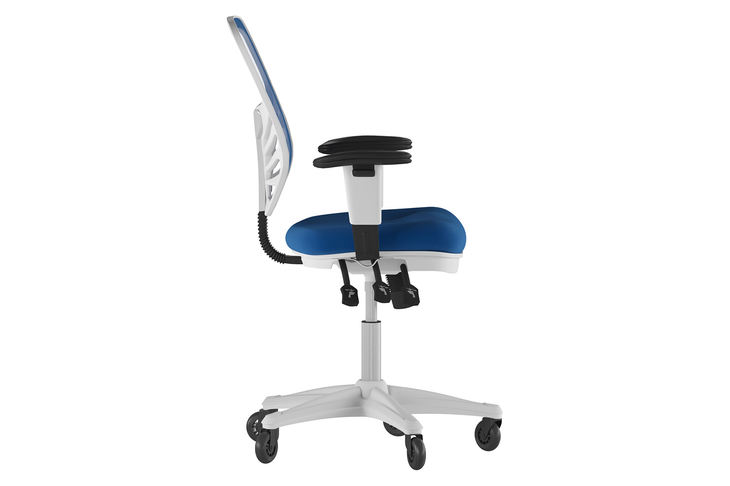 BLNK Nicholas Mid-Back Mesh Multifunction Executive Swivel Ergonomic Office Chair with Adjustable Arms, Transparent Roller Wheels, and White Frame - Blue