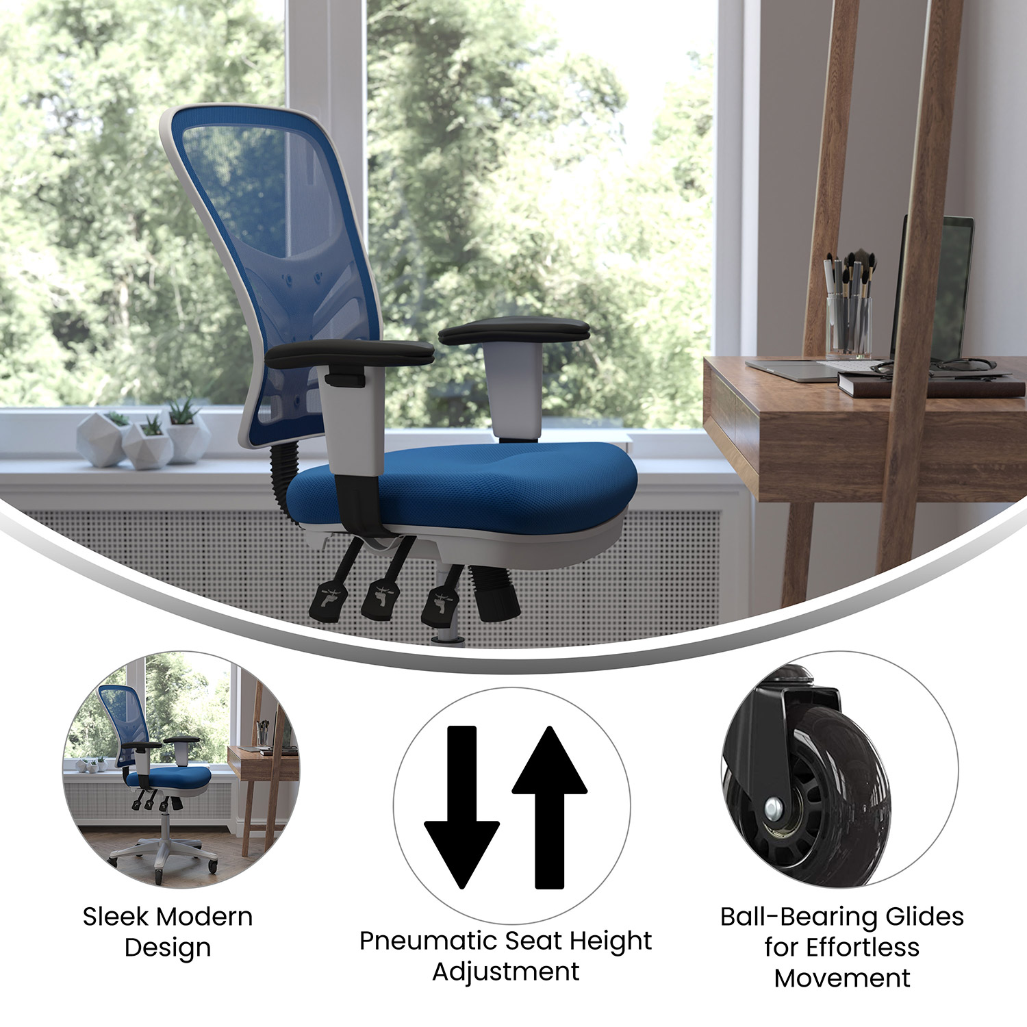 BLNK Nicholas Mid-Back Mesh Multifunction Executive Swivel Ergonomic Office Chair with Adjustable Arms, Transparent Roller Wheels, and White Frame - Blue