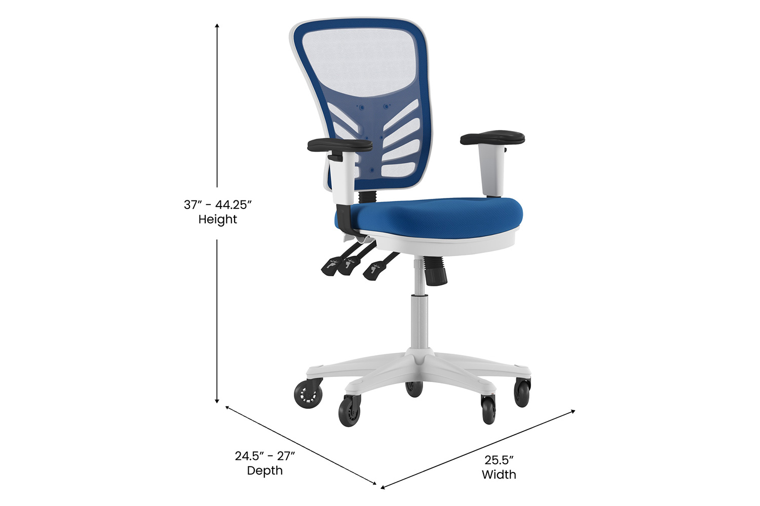 BLNK Nicholas Mid-Back Mesh Multifunction Executive Swivel Ergonomic Office Chair with Adjustable Arms, Transparent Roller Wheels, and White Frame - Blue