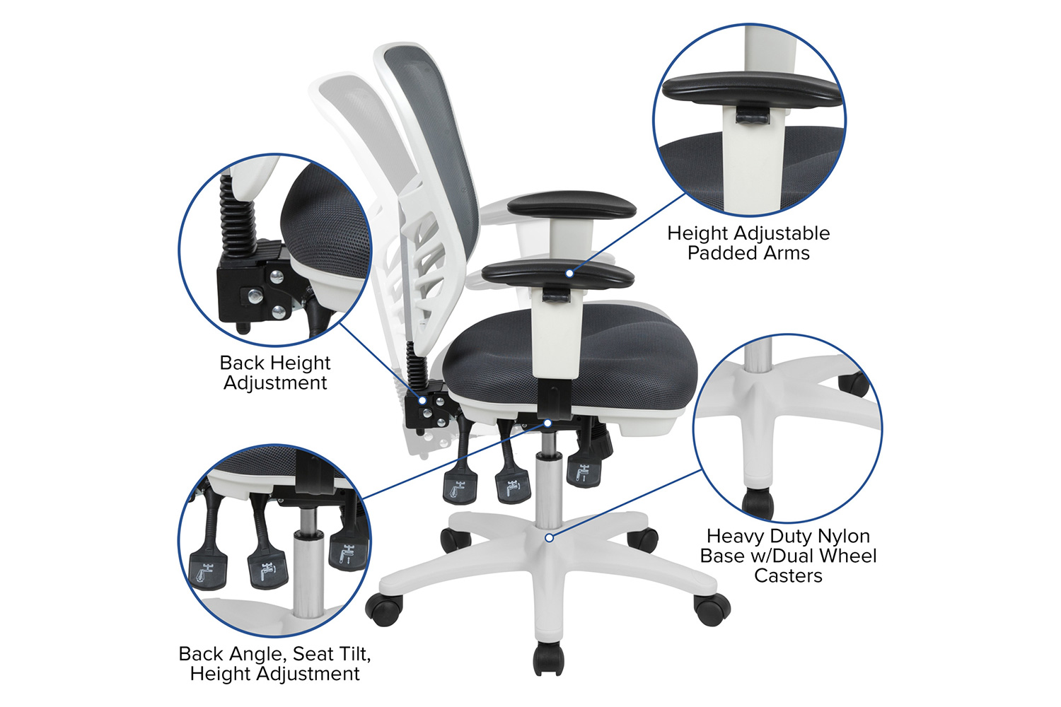 BLNK Nicholas Mid-Back Mesh Multifunction Executive Swivel Ergonomic Office Chair with Adjustable Arms and White Frame - Dark Gray