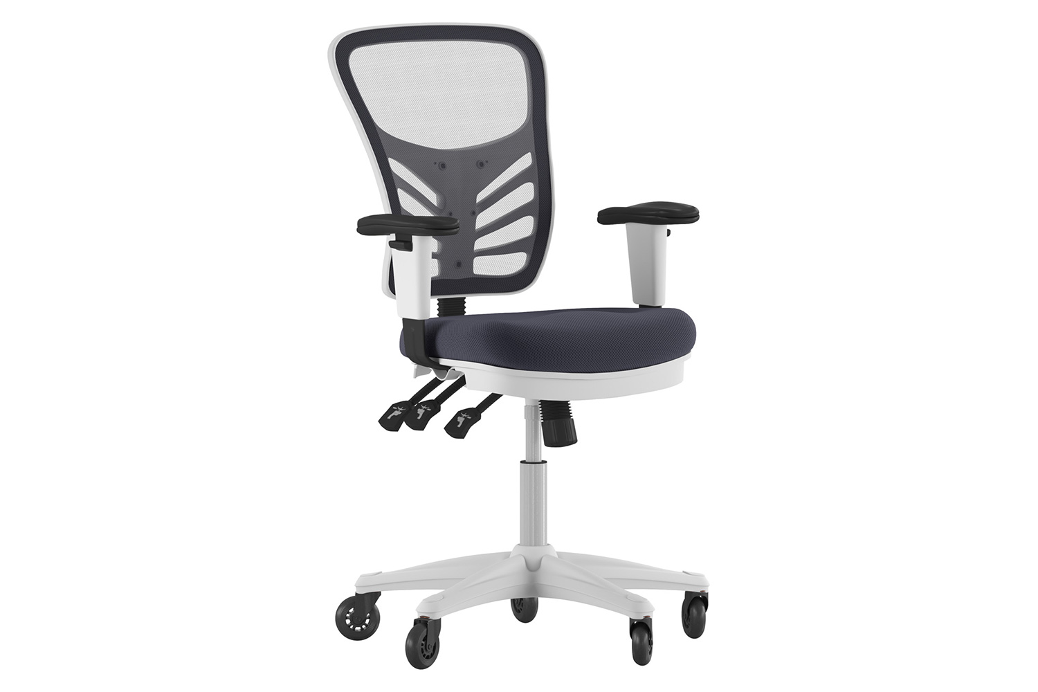 BLNK Nicholas Mid-Back Mesh Multifunction Executive Swivel Ergonomic Office Chair with Adjustable Arms, Transparent Roller Wheels, and White Frame - Dark Gray