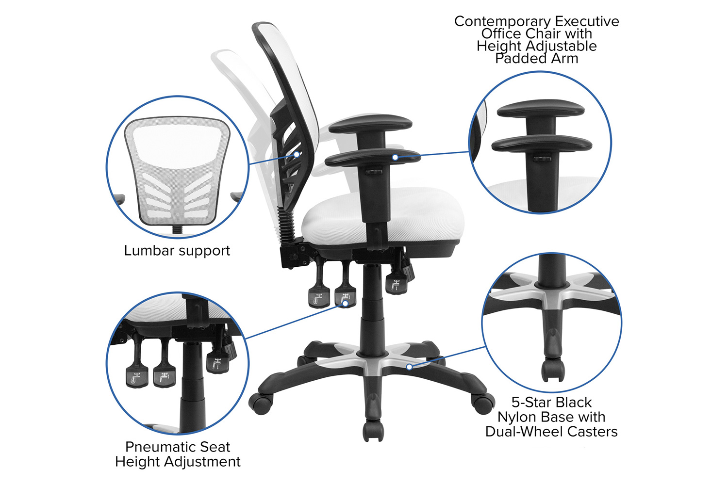 BLNK Nicholas Mid-Back Mesh Multifunction Executive Swivel Ergonomic Office Chair with Adjustable Arms - White