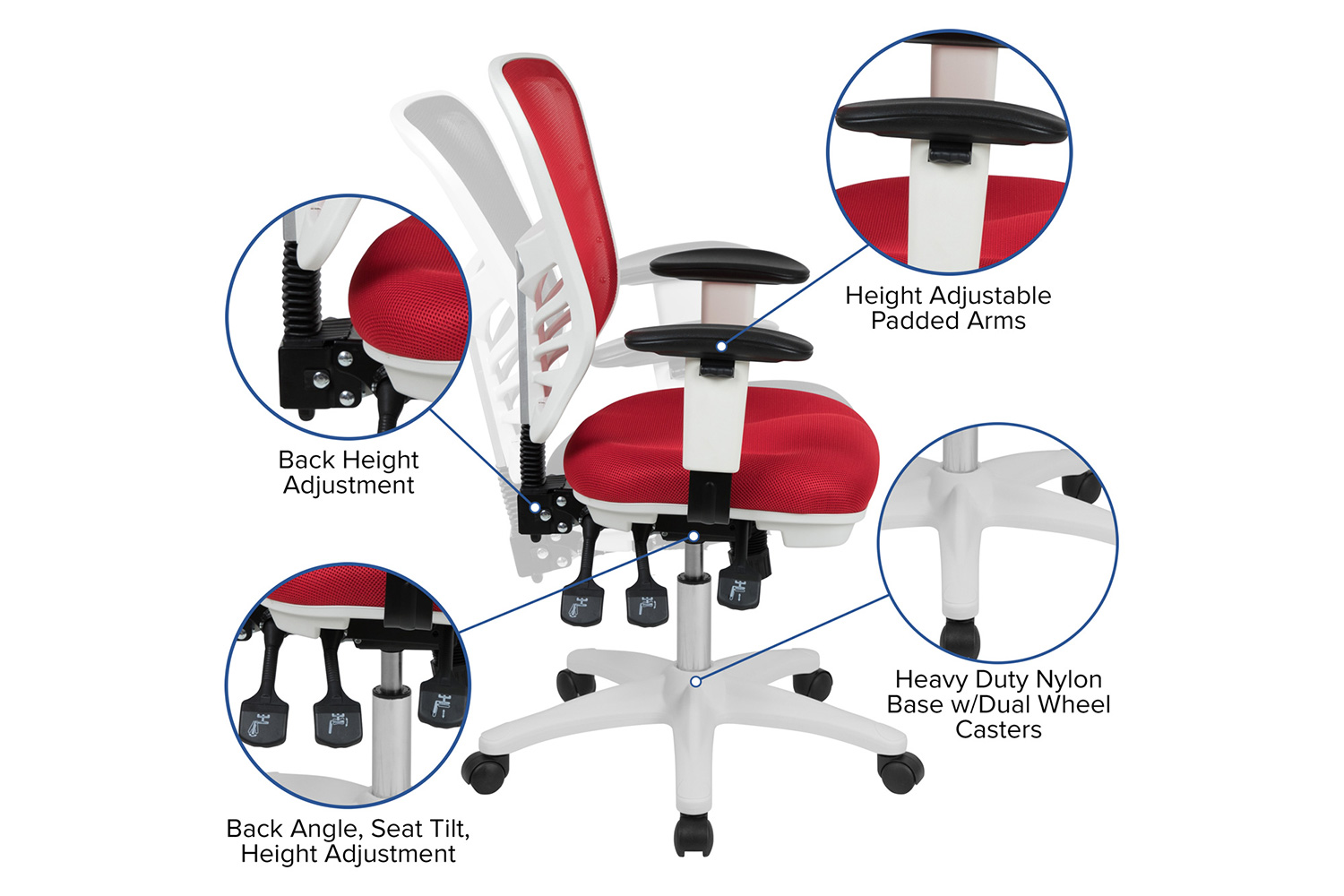 BLNK Nicholas Mid-Back Mesh Multifunction Executive Swivel Ergonomic Office Chair with Adjustable Arms and White Frame - Red