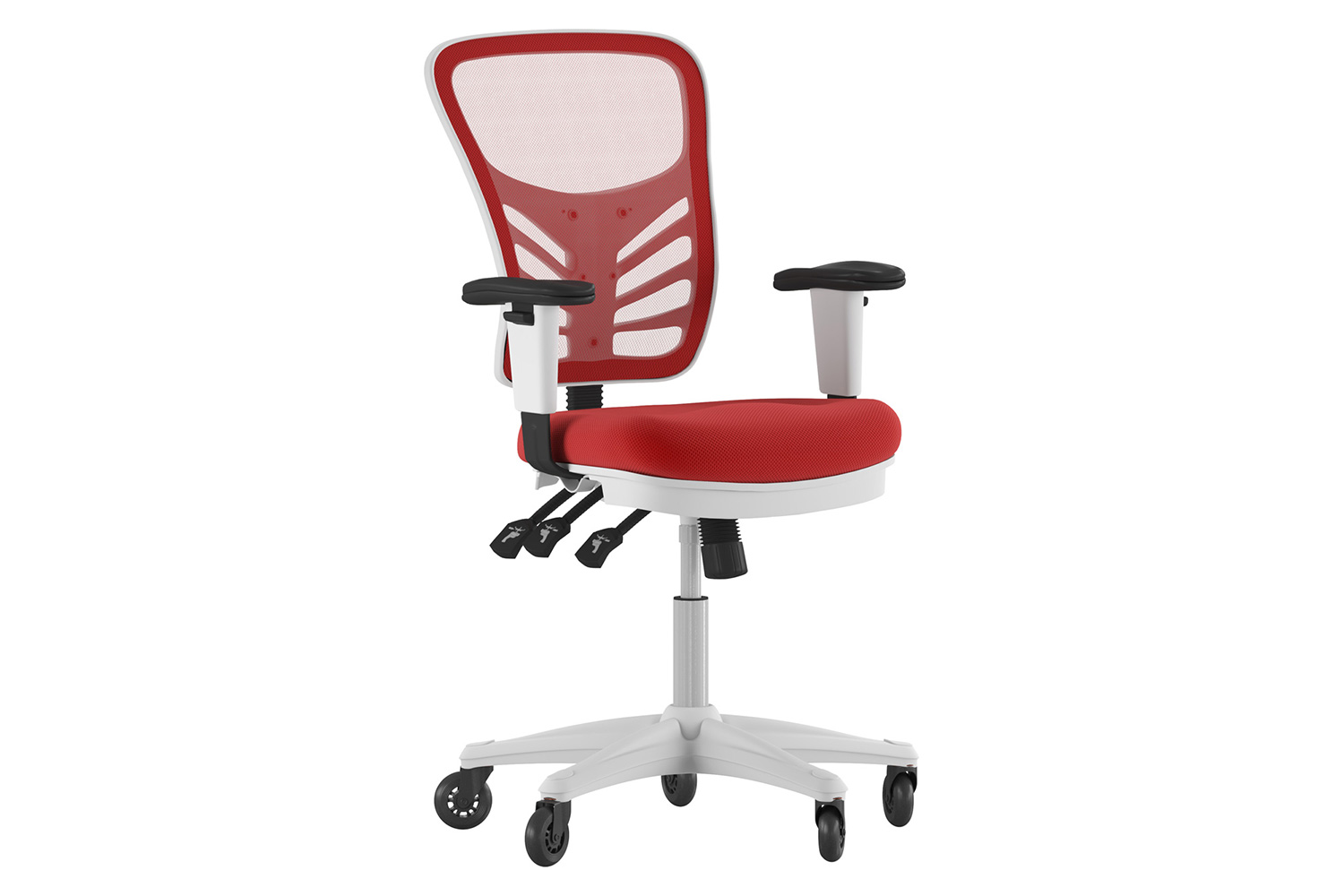 BLNK Nicholas Mid-Back Mesh Multifunction Executive Swivel Ergonomic Office Chair with Adjustable Arms, Transparent Roller Wheels, and White Frame - Red