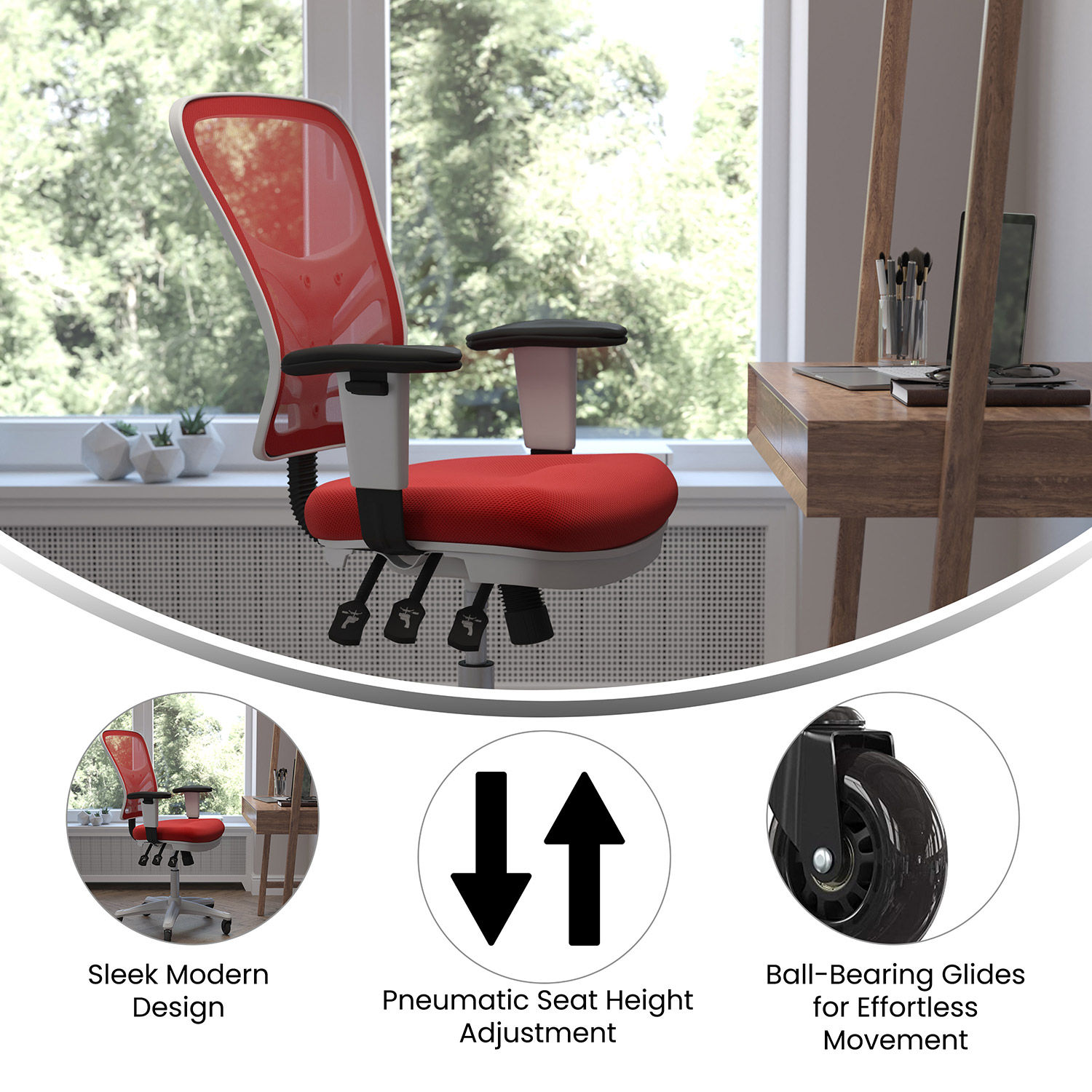 BLNK Nicholas Mid-Back Mesh Multifunction Executive Swivel Ergonomic Office Chair with Adjustable Arms, Transparent Roller Wheels, and White Frame - Red