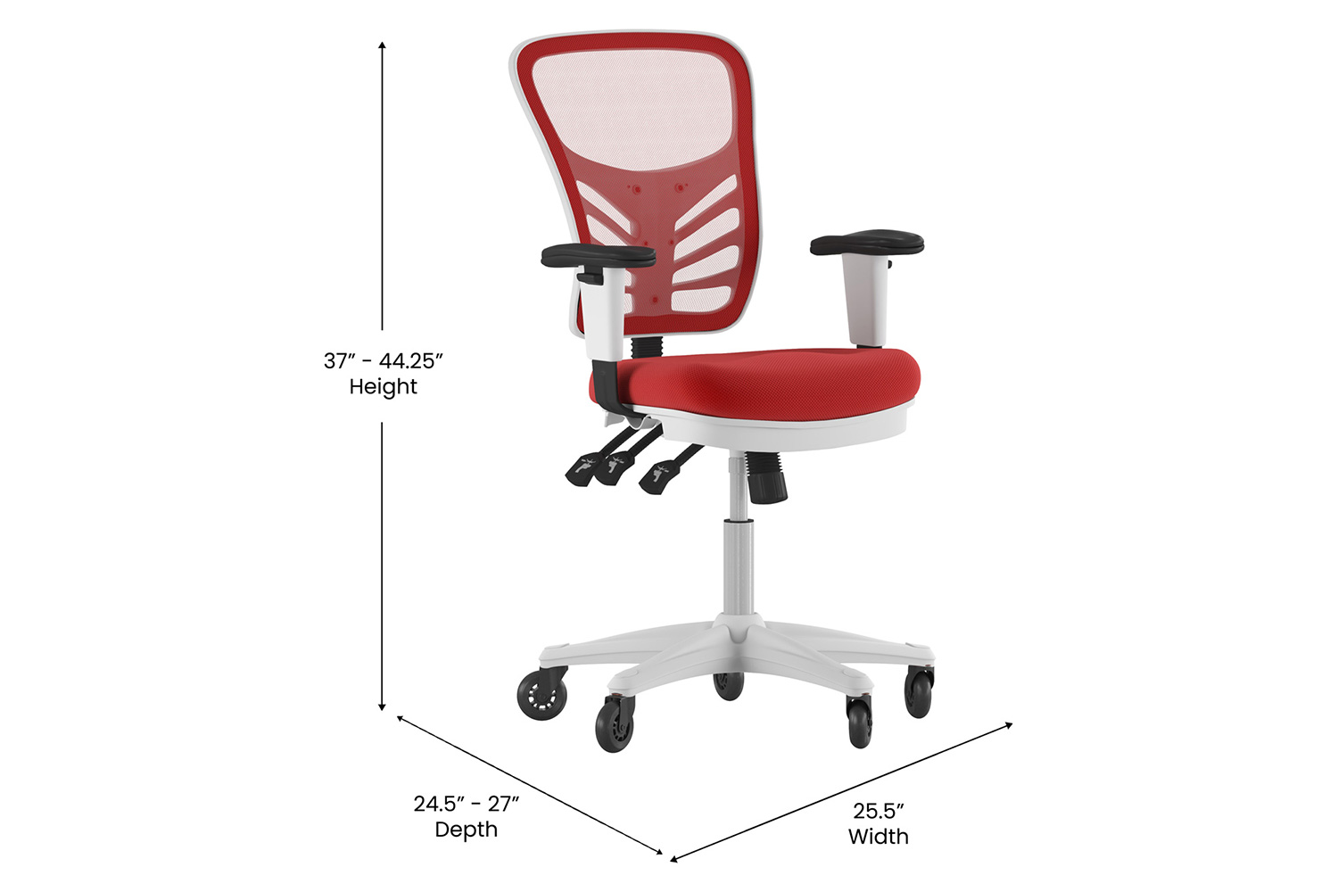 BLNK Nicholas Mid-Back Mesh Multifunction Executive Swivel Ergonomic Office Chair with Adjustable Arms, Transparent Roller Wheels, and White Frame - Red