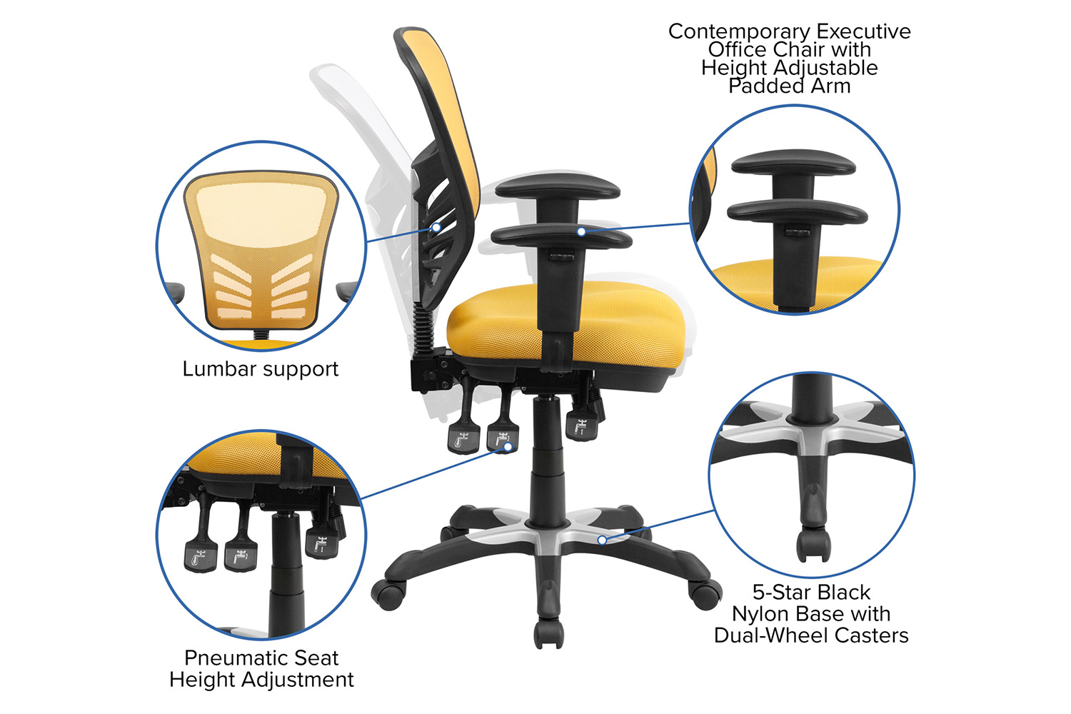 BLNK Nicholas Mid-Back Mesh Multifunction Executive Swivel Ergonomic Office Chair with Adjustable Arms - Yellow/Orange