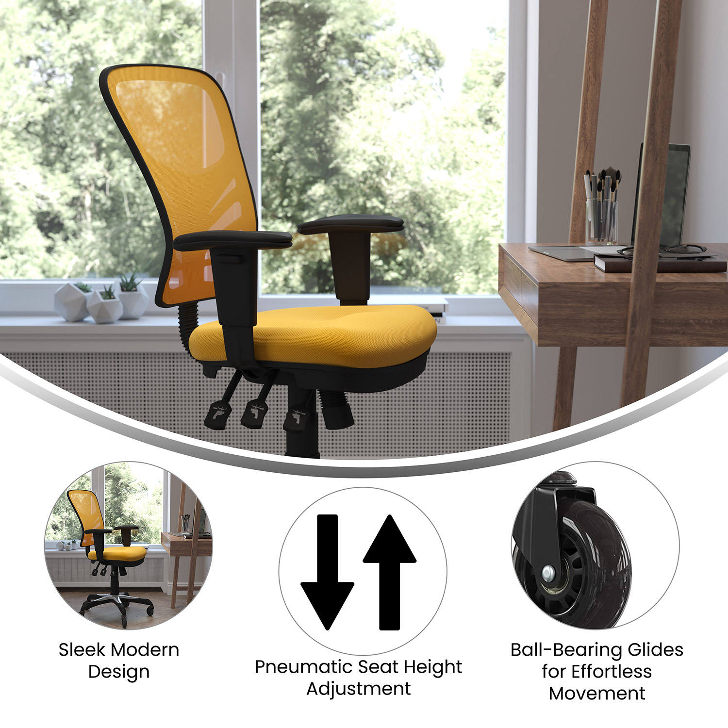 BLNK Nicholas Mid-Back Mesh Multifunction Executive Swivel Ergonomic Office Chair with Adjustable Arms and Transparent Roller Wheels - Yellow/Orange