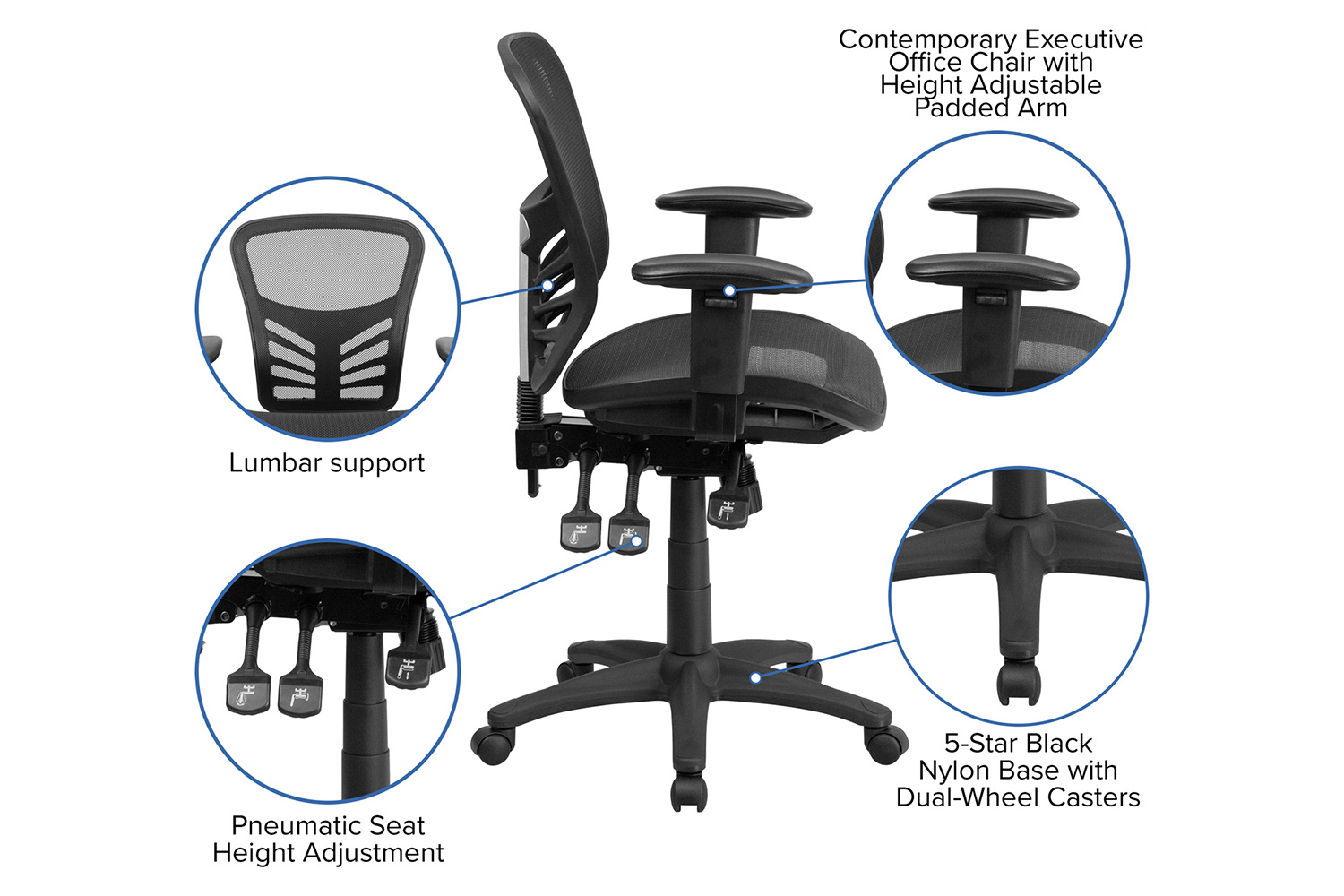 BLNK Nicholas Mid-Back Mesh Multifunction Executive Swivel Ergonomic Office Chair with Adjustable Arms - Transparent Black