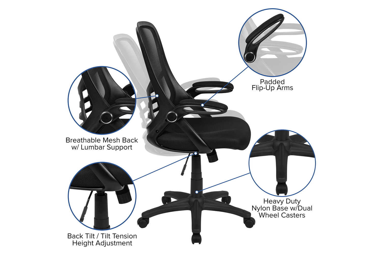 BLNK Porter High-Back Mesh Ergonomic Swivel Office Chair with Black Frame and Flip-up Arms - Black