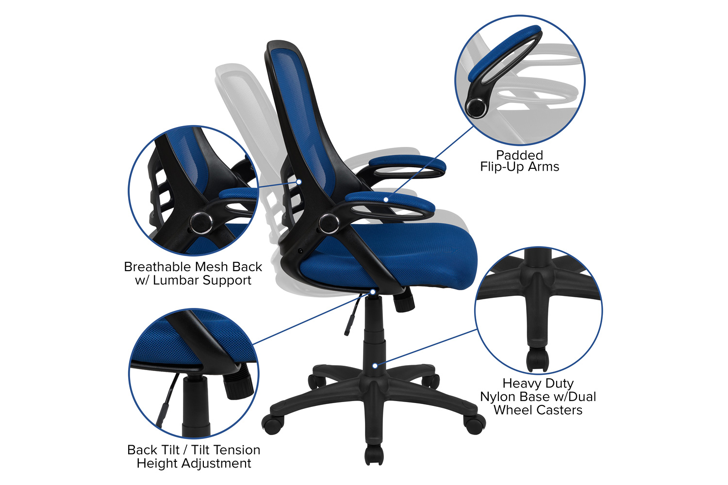 BLNK Porter High Back Blue Mesh Ergonomic Swivel Office Chair with Black Frame and Flip-up Arms