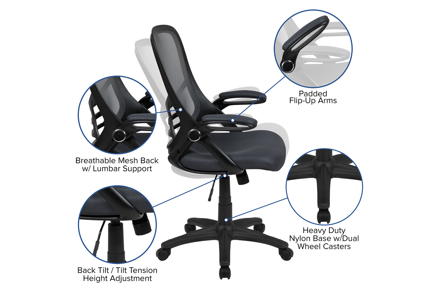 BLNK Porter High-Back Mesh Ergonomic Swivel Office Chair with Black Frame and Flip-up Arms - Dark Gray