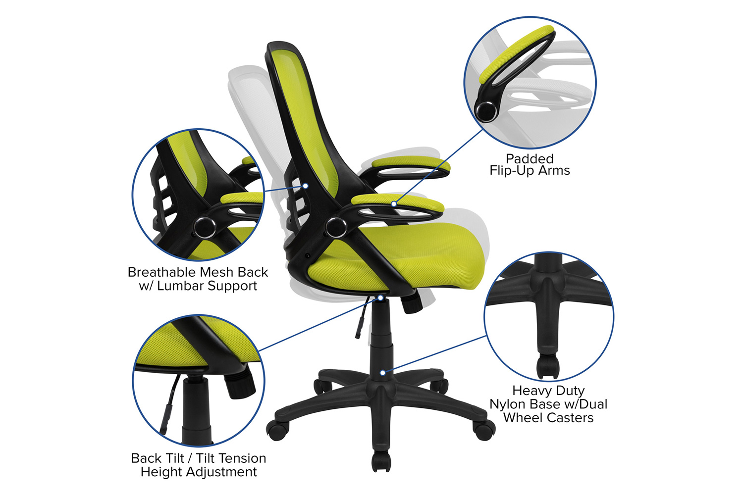 BLNK Porter High-Back Mesh Ergonomic Swivel Office Chair with Black Frame and Flip-up Arms - Green