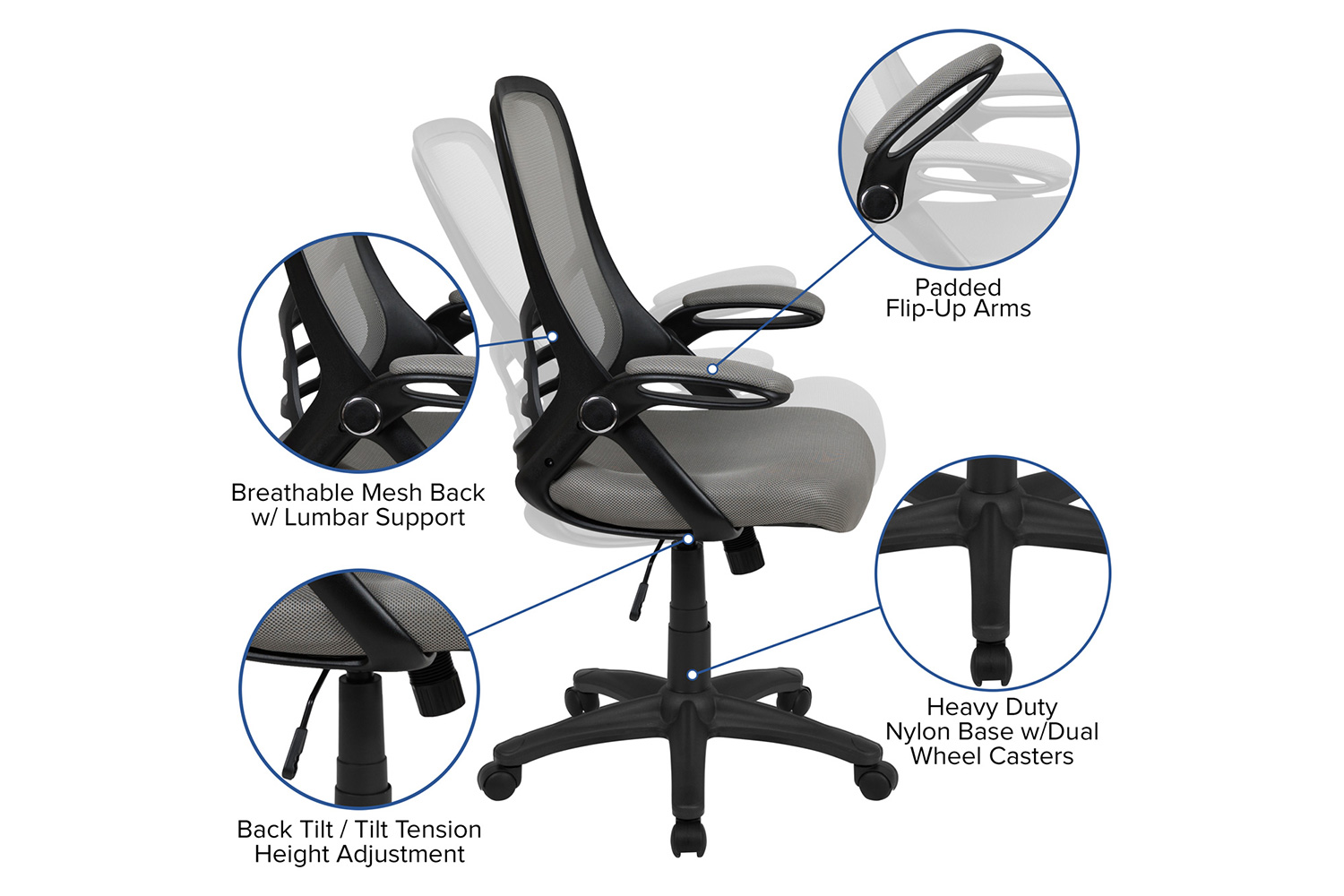 BLNK Porter High-Back Mesh Ergonomic Swivel Office Chair with Black Frame and Flip-up Arms - Light Gray