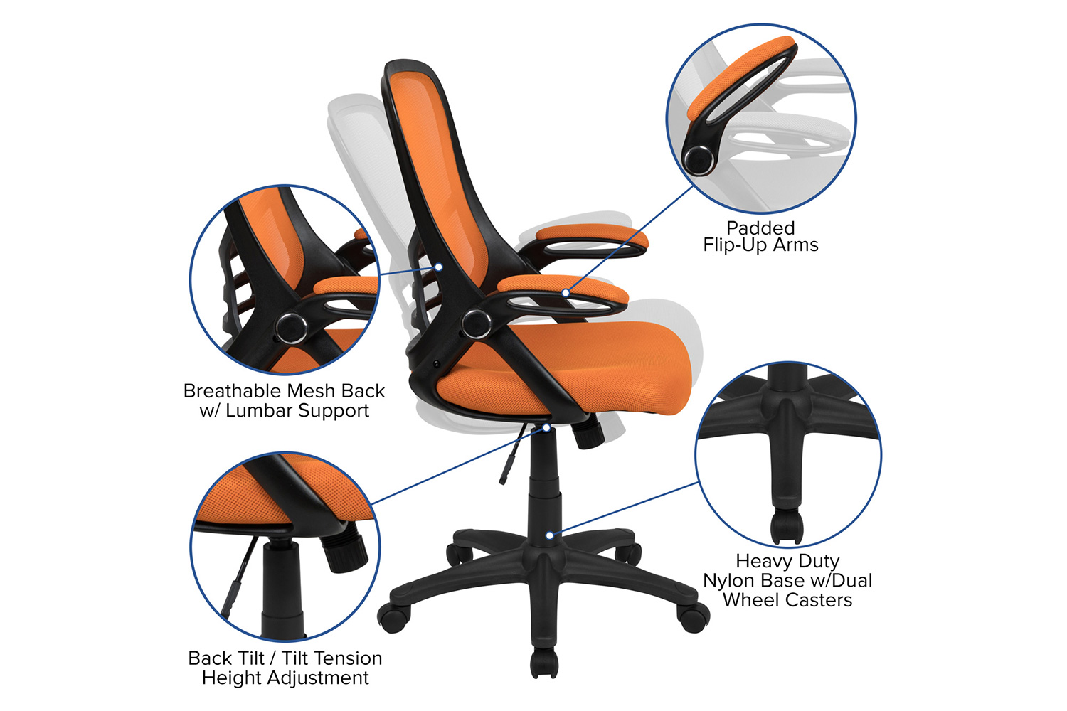 BLNK Porter High-Back Mesh Ergonomic Swivel Office Chair with Black Frame and Flip-up Arms - Orange