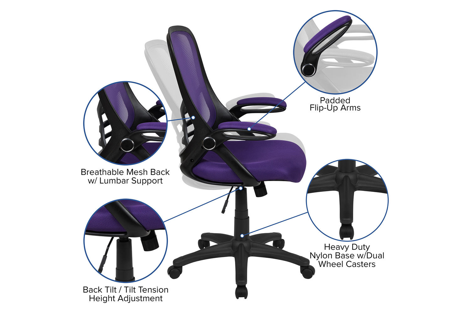 BLNK Porter High-Back Mesh Ergonomic Swivel Office Chair with Black Frame and Flip-up Arms - Purple