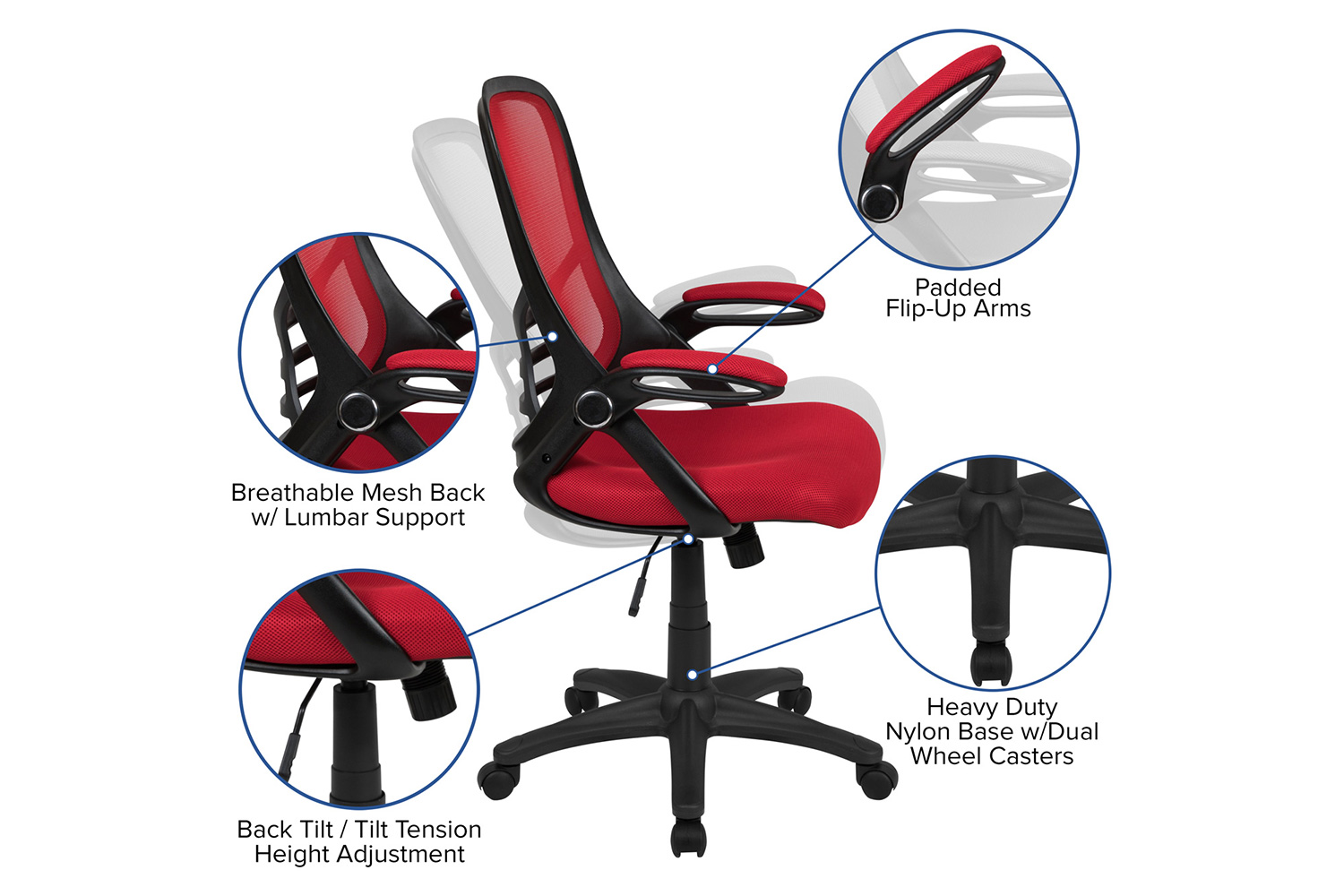 BLNK Porter High-Back Mesh Ergonomic Swivel Office Chair with Black Frame and Flip-up Arms - Red