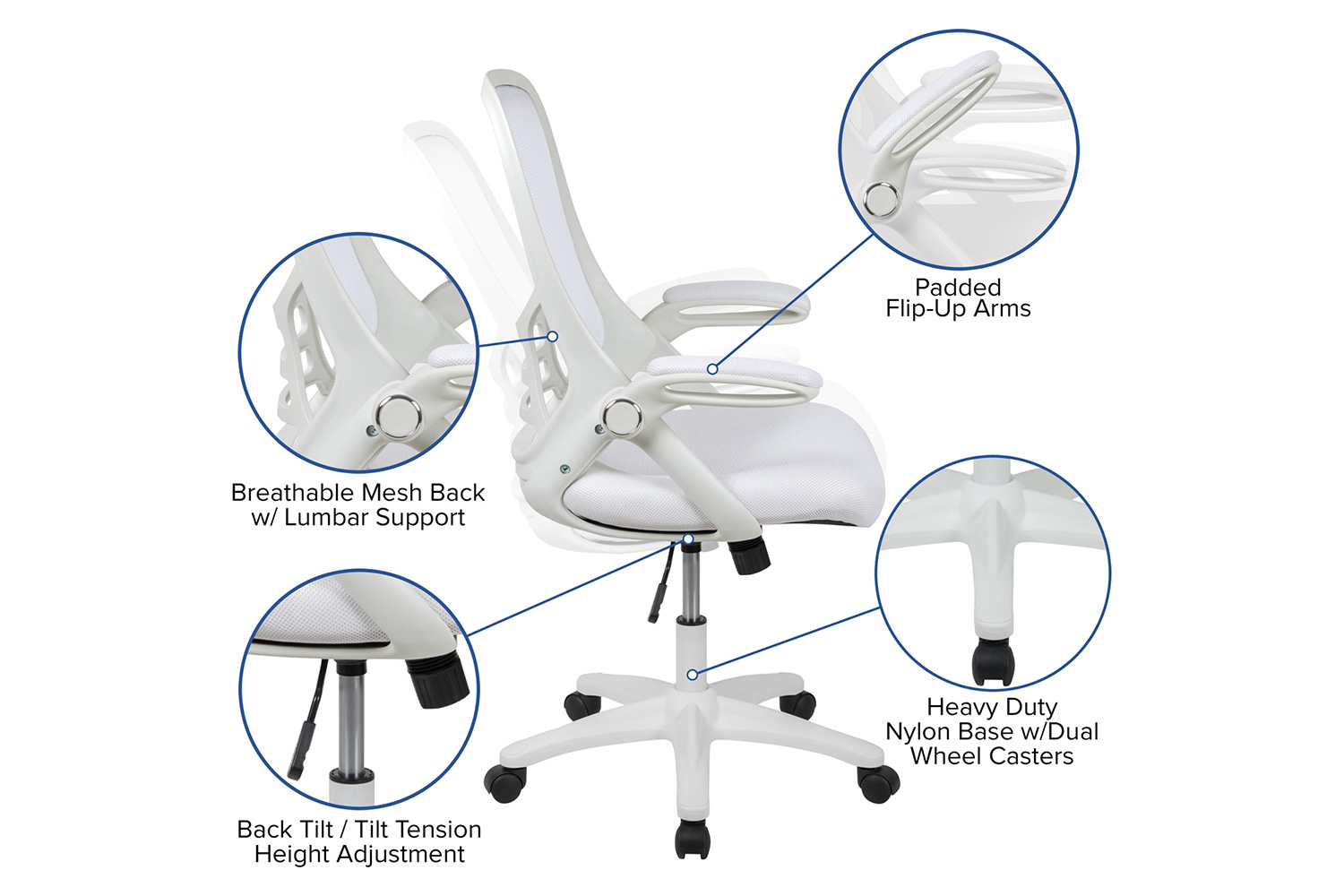 BLNK Porter High-Back Mesh Ergonomic Swivel Office Chair with White Frame and Flip-up Arms