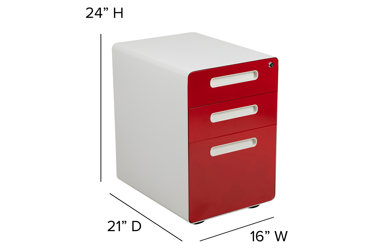 BLNK Wren Ergonomic 3-Drawer Mobile Locking Filing Cabinet with Anti-Tilt Mechanism and Letter-Legal Drawer - White/Red