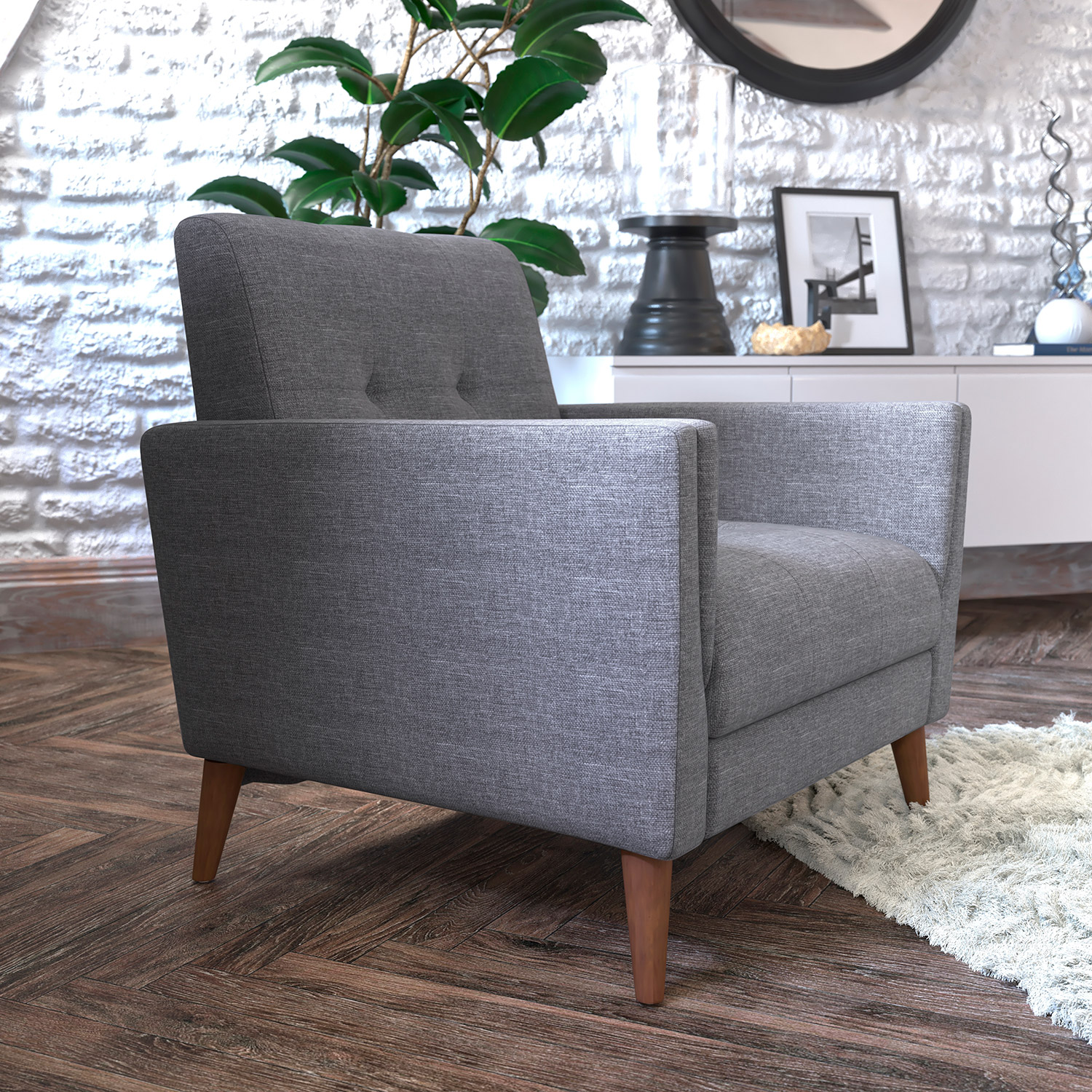 BLNK™ Conrad Commercial Mid-Century Modern Arm Chair with Tufted Faux Linen Upholstery and Solid Wood Legs - Slate Gray