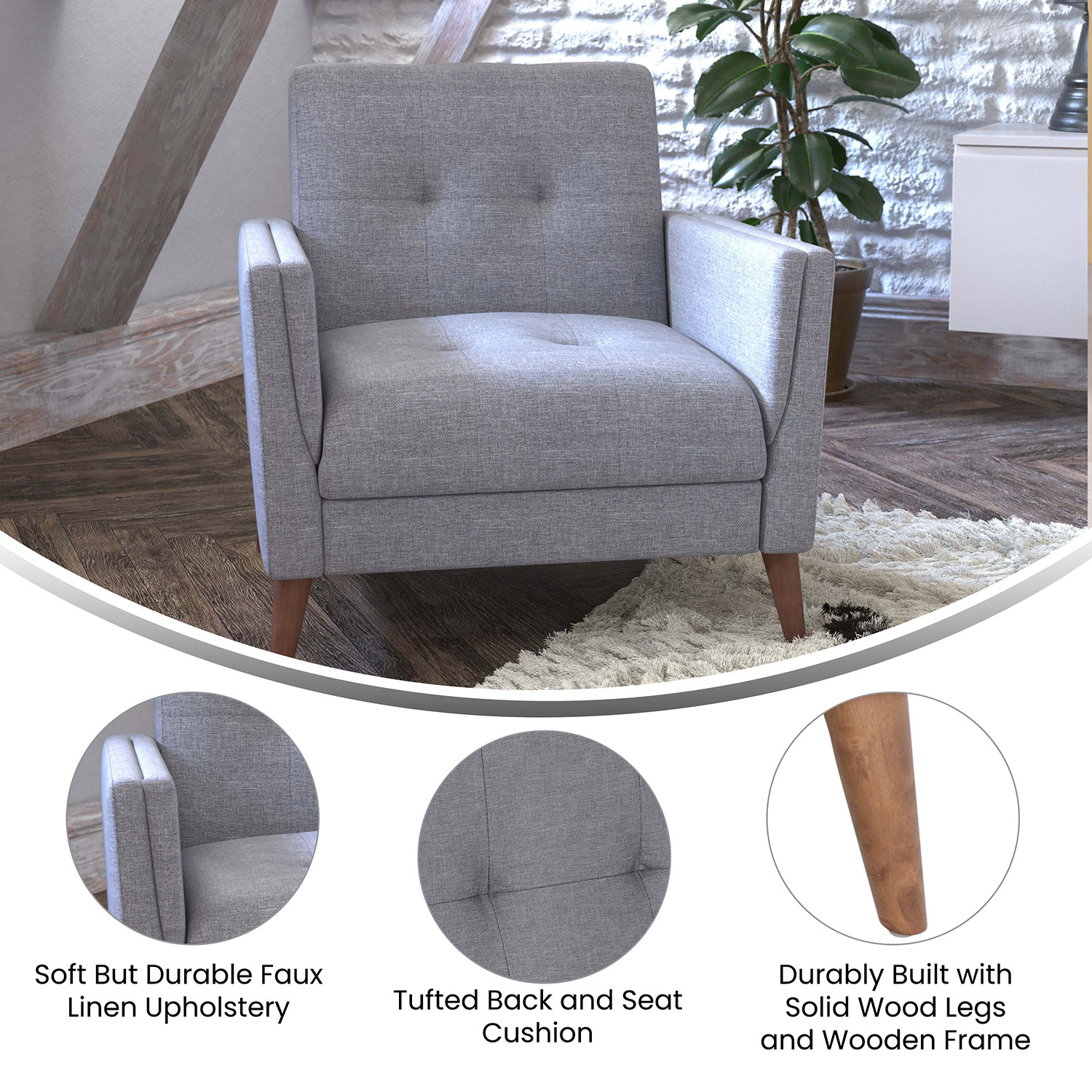 BLNK™ Conrad Commercial Mid-Century Modern Arm Chair with Tufted Faux Linen Upholstery and Solid Wood Legs - Slate Gray