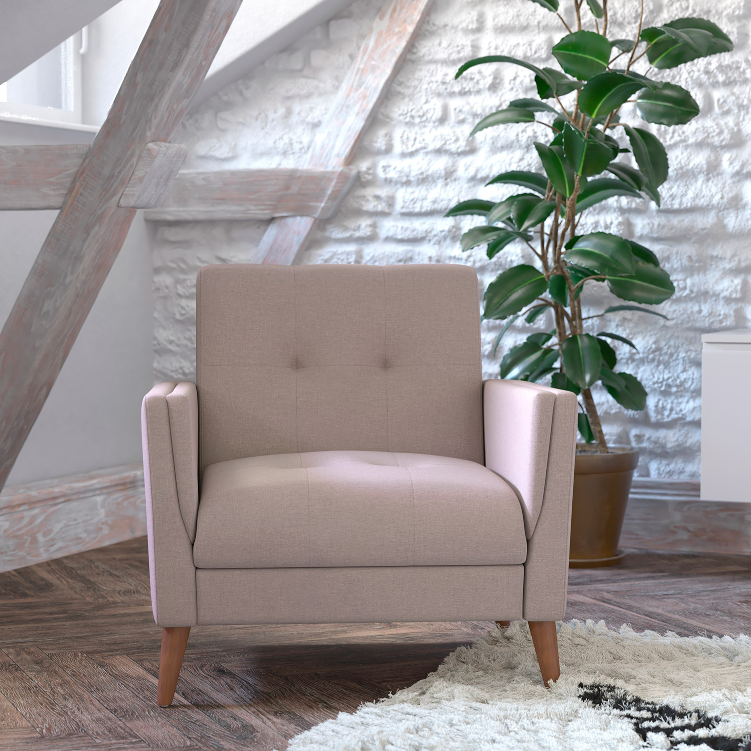 BLNK Conrad Commercial Mid-Century Modern Arm Chair with Tufted Faux Linen Upholstery and Solid Wood Legs