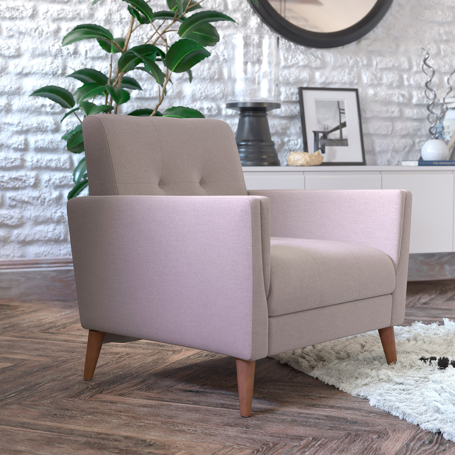 BLNK™ Conrad Commercial Mid-Century Modern Arm Chair with Tufted Faux Linen Upholstery and Solid Wood Legs - Taupe