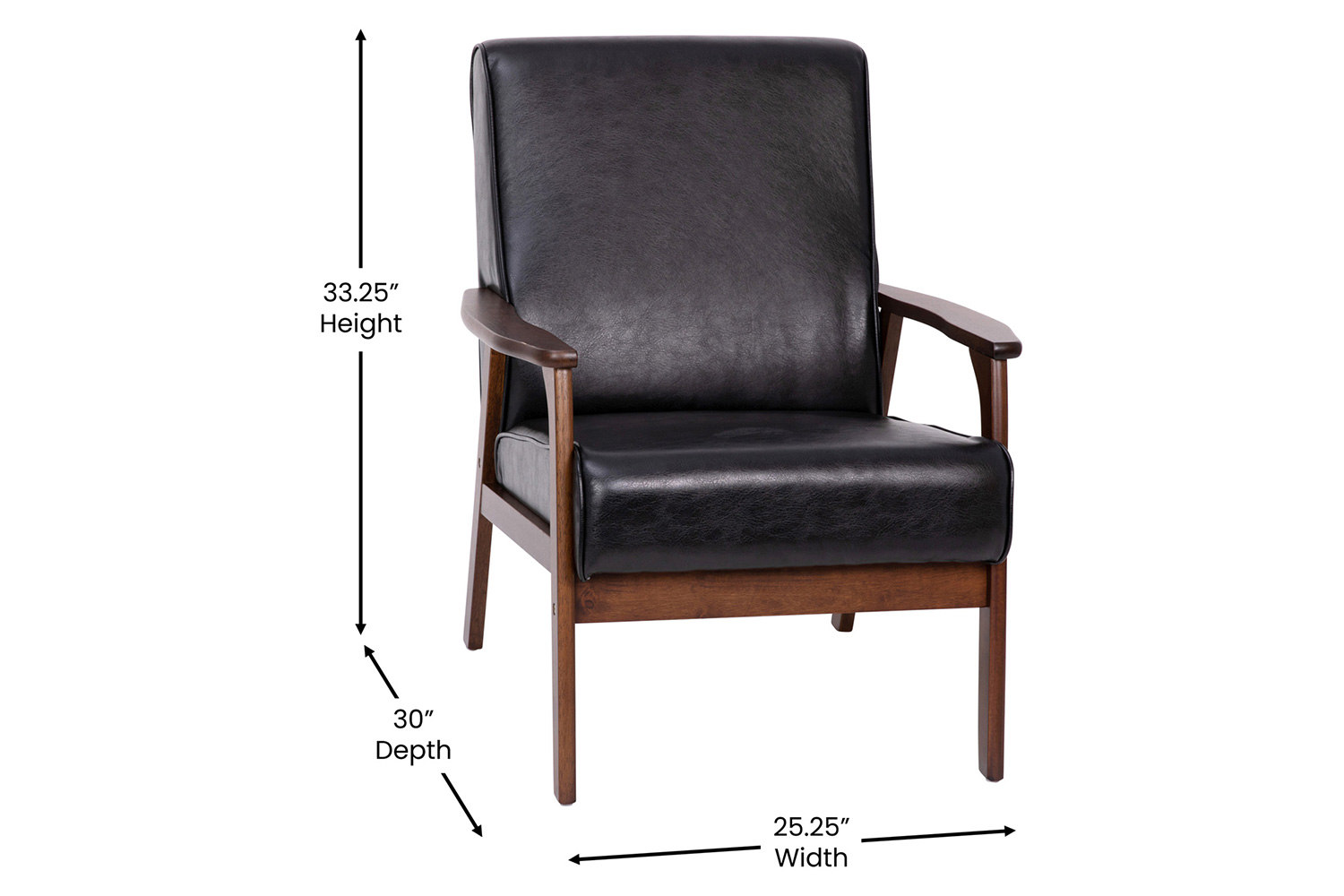 BLNK™ Langston Commercial LeatherSoft Upholstered Mid Century Modern Arm Chair with Walnut Finished Wooden Frame and Arms - Black