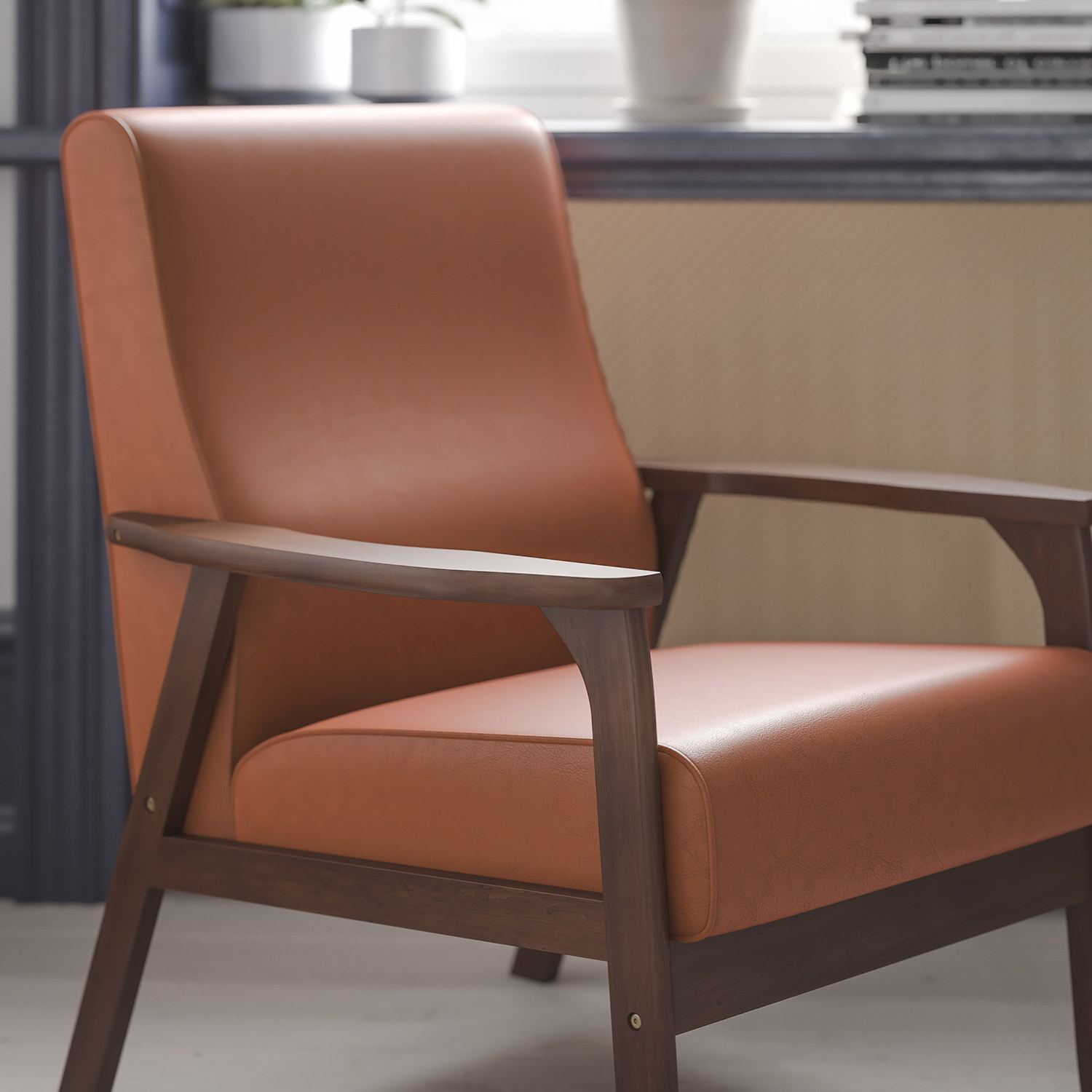 BLNK™ Langston Commercial LeatherSoft Upholstered Mid Century Modern Arm Chair with Walnut Finished Wooden Frame and Arms - Cognac